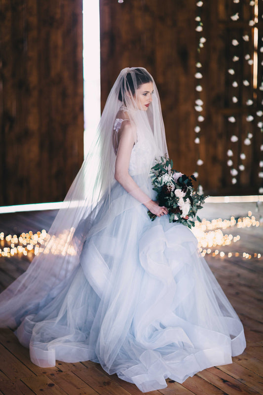Cathedral Wedding Veil with Blusher - Bridal Goals 2024 blue wedding dress