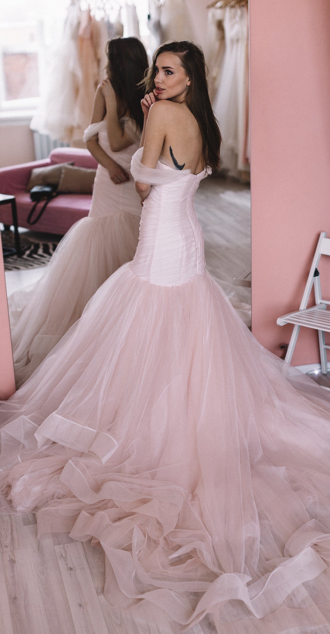 Blush Pink Fit & Flare Wedding Dress: Colored Wedding Dress Elegance