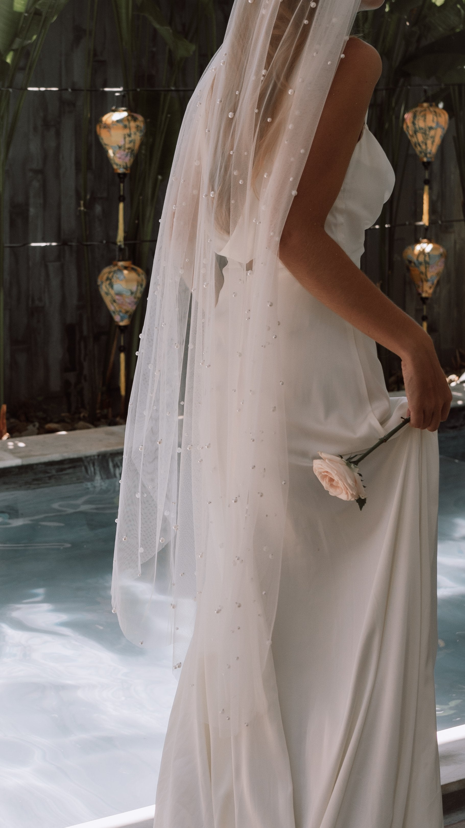 blush veil with ivory dress Blush dress, white veil?