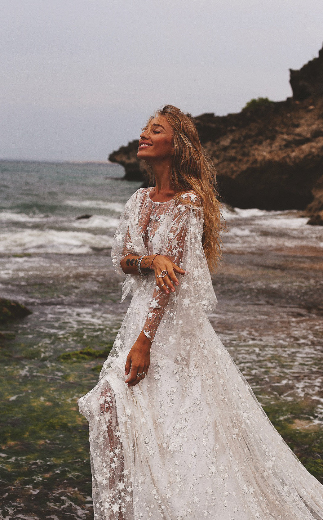 Fairytale Ethereal Dream Elegant Modern Long Sleeve Wedding Dress with Stars