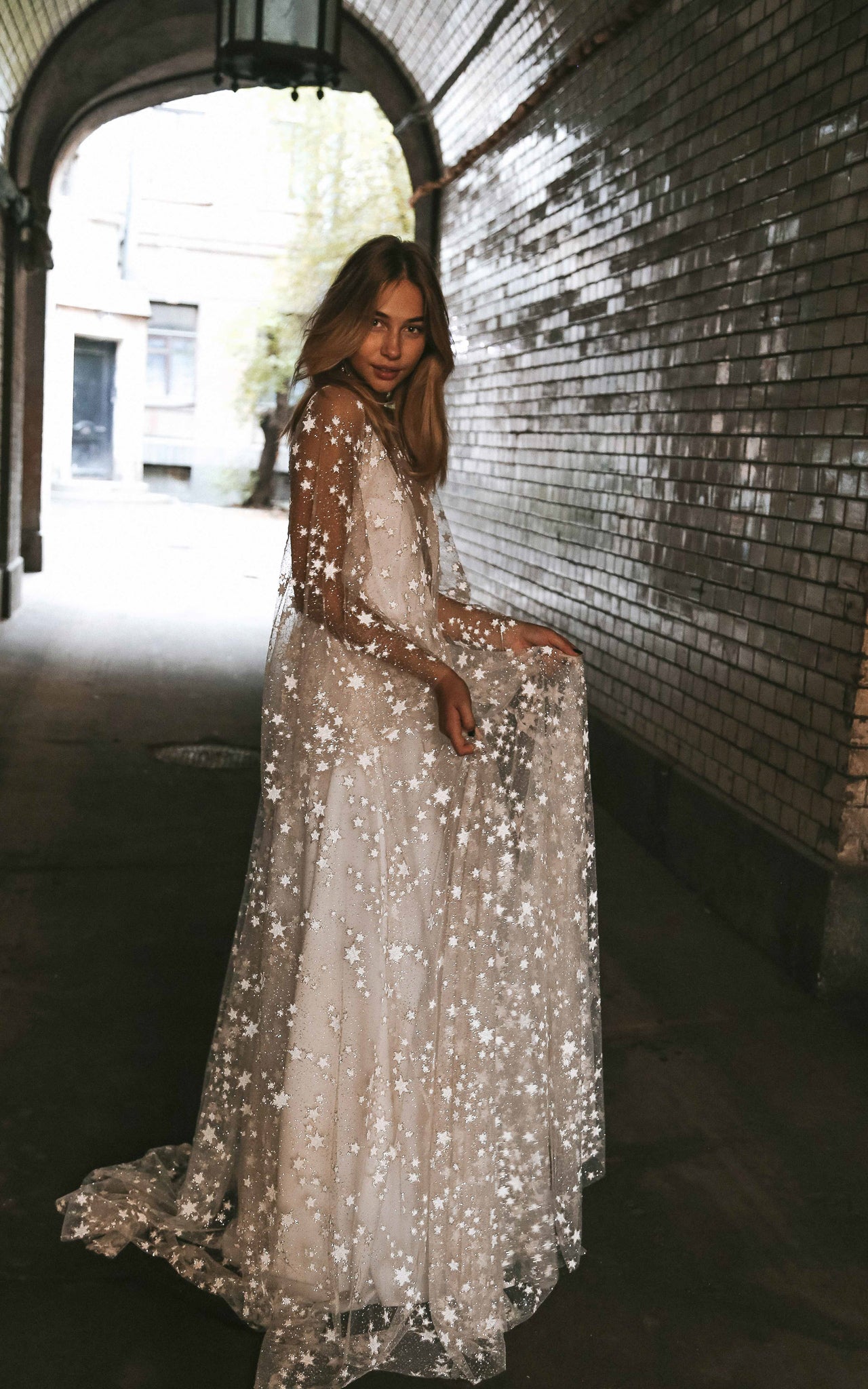 Fairytale Ethereal Dream Elegant Modern Long Sleeve Wedding Dress with Stars