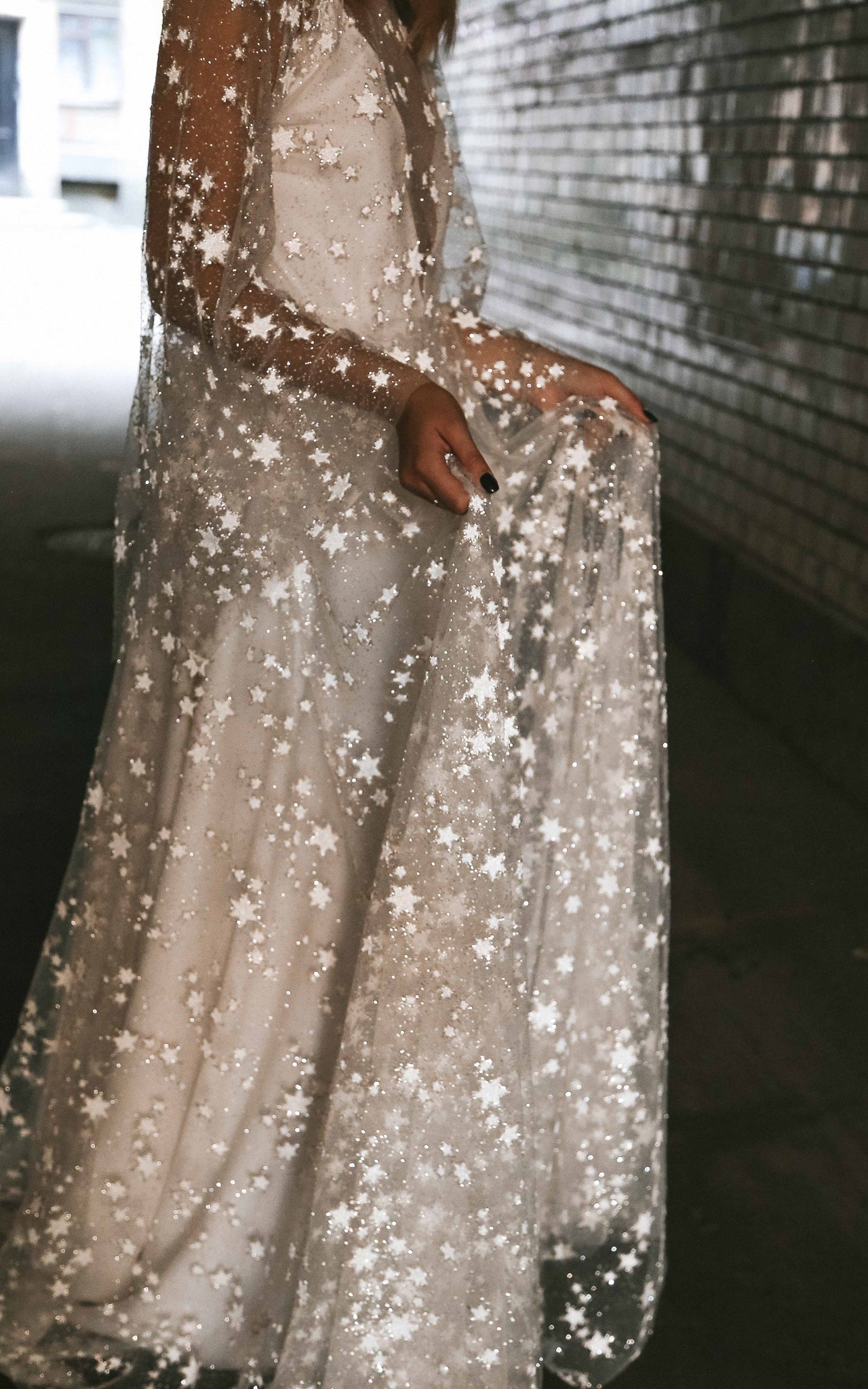 Fairytale Ethereal Dream Elegant Modern Long Sleeve Wedding Dress with Stars