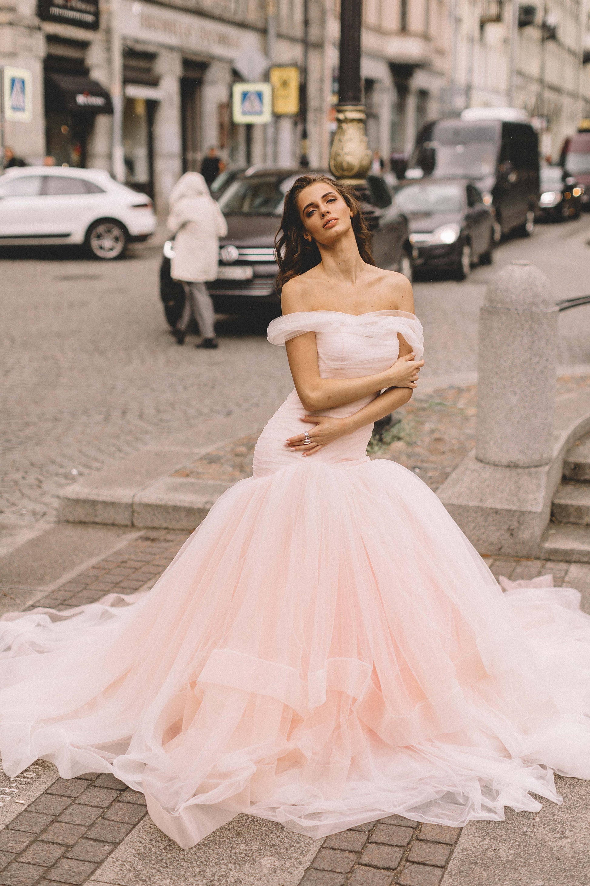 Blush Pink Fit & Flare Wedding Dress: Colored Wedding Dress Elegance