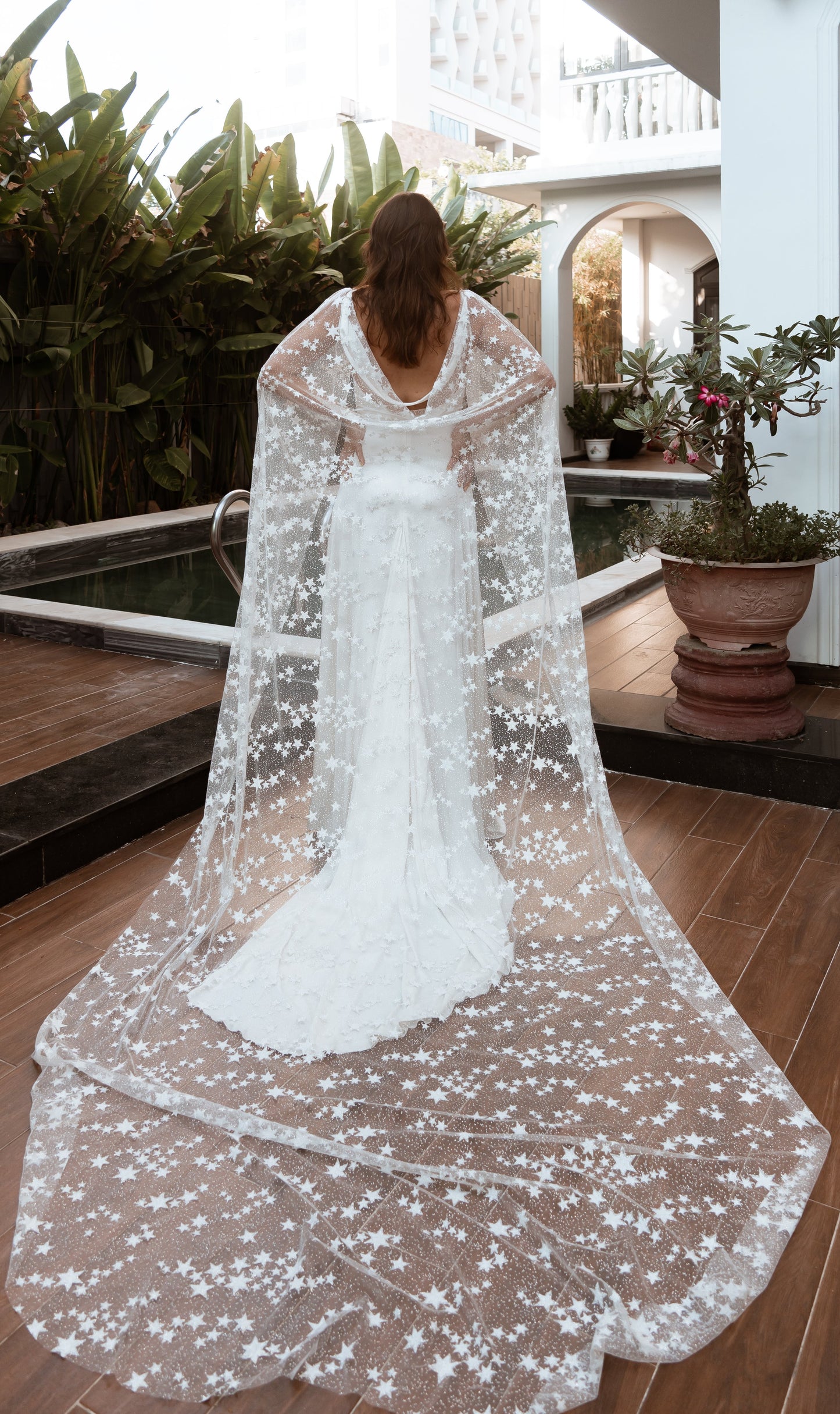 Ethereal Celestial Bridal Cape with Glowing Stars