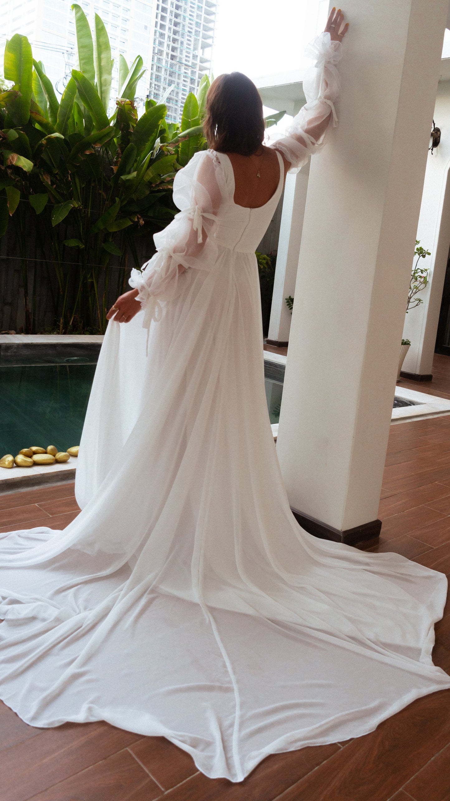 Pleated Long Sleeves Romantic Elegant Fairytale Wedding Dress 2024