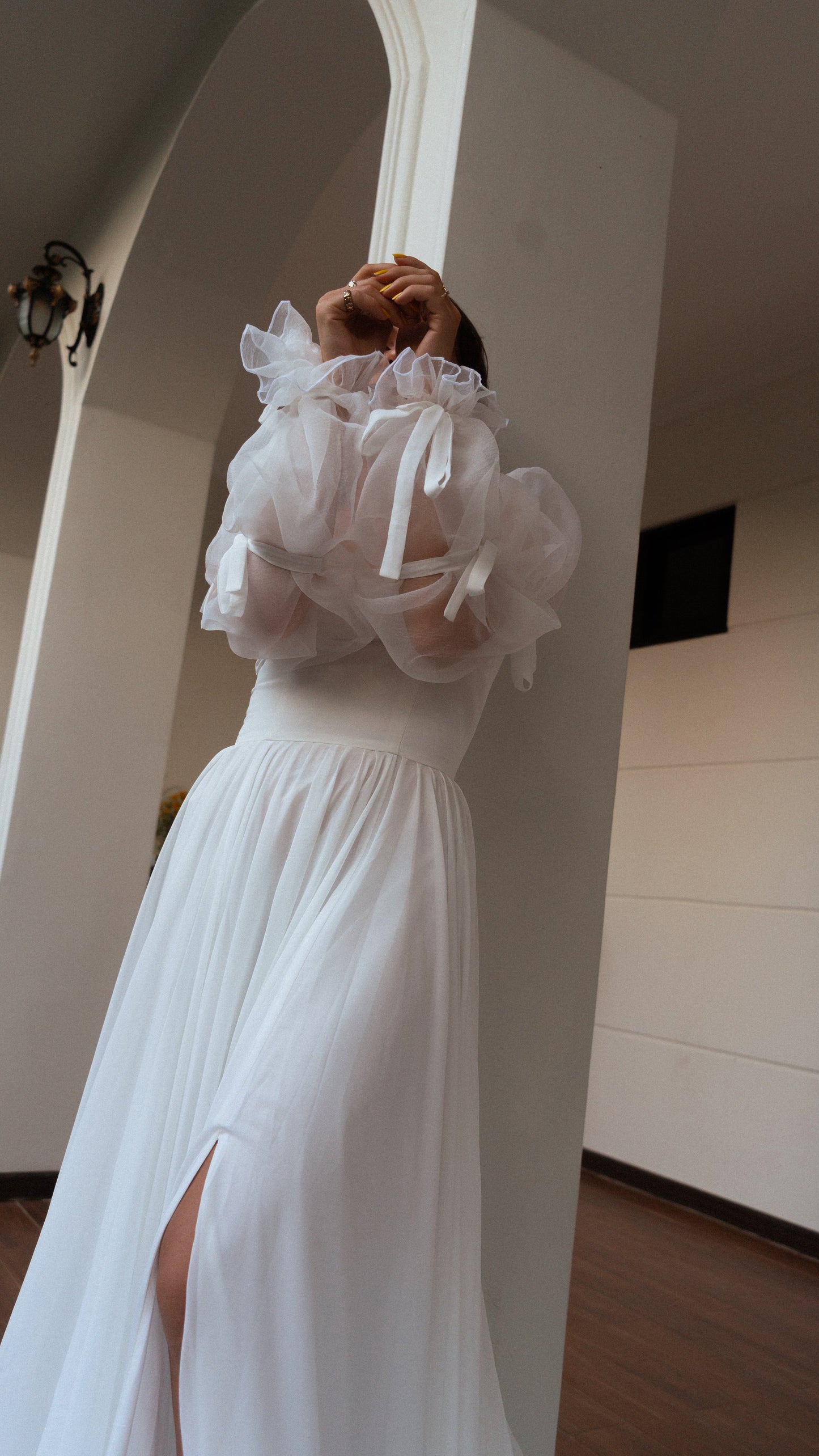 Pleated Long Sleeves Romantic Elegant Fairytale Wedding Dress 2024