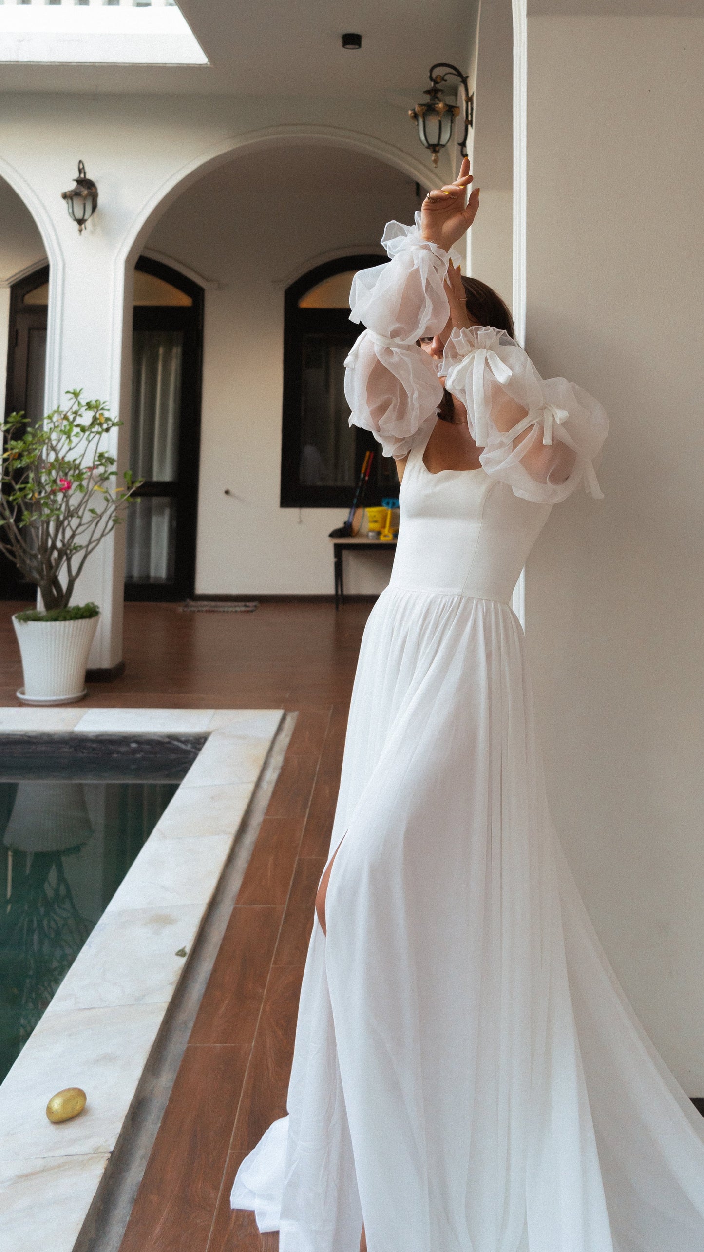 Pleated Long Sleeves Romantic Elegant Fairytale Wedding Dress 2024