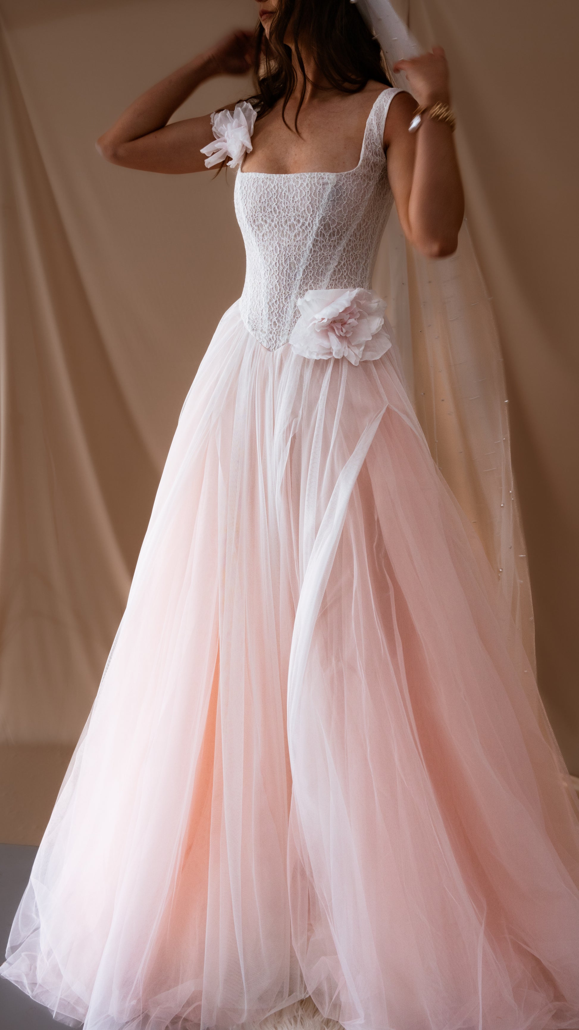 Blush Basque Waist Wedding Dress with Lace Corset and Silk Flowers Boom Blush Blush Basque Waist Wedding Dress with Lace Corset and Silk Flowers Boom Blush
