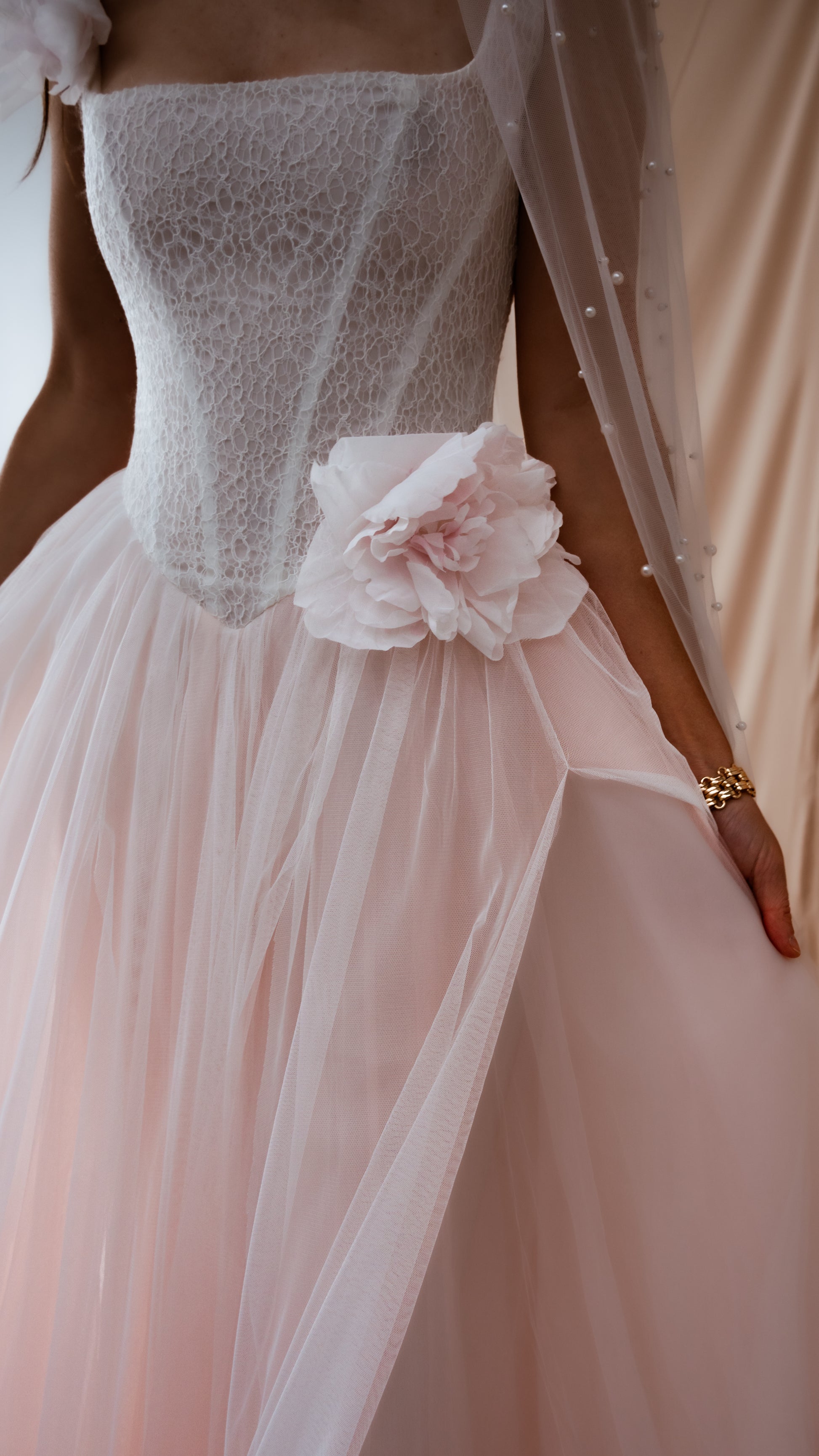 Drop Waist wedding dress with blush tulle skirt and Basque waist corset 2026 2027 romantic colored wedding dress 