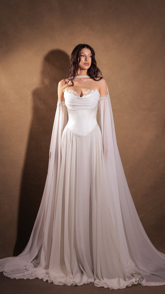 Bridal dropped waist Basque waist corset in ivory, vintage-style wedding dress by Boom Blush.