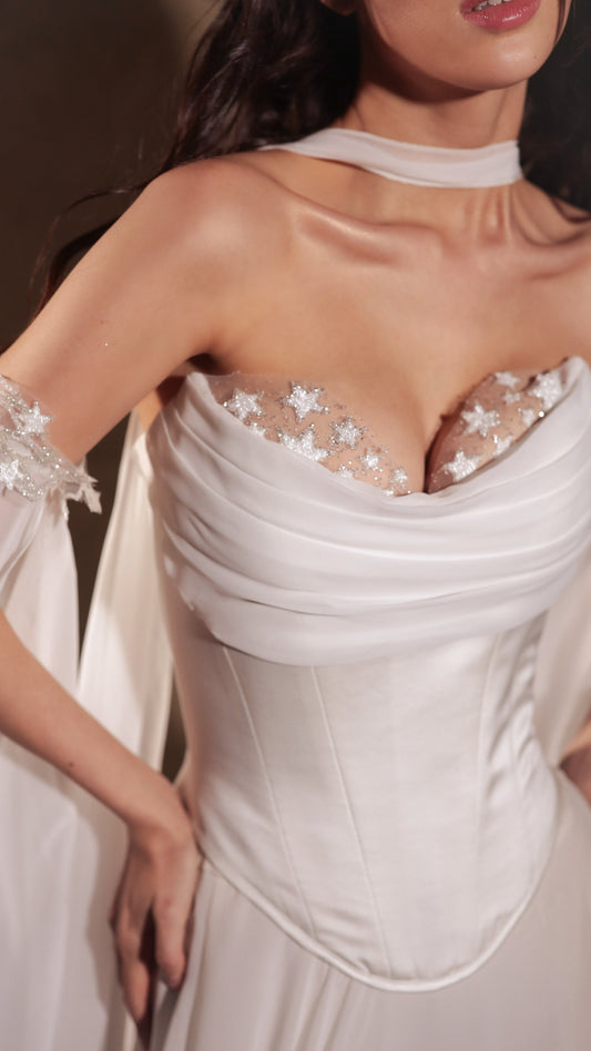 Bridal dropped waist Basque waist corset in ivory, vintage-style wedding dress by Boom Blush.