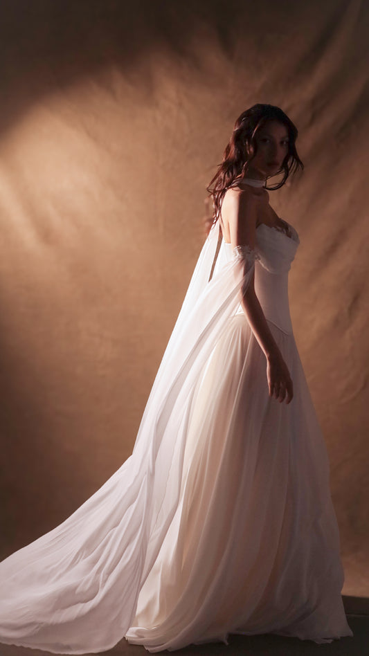 Bridal dropped waist Basque waist corset in ivory, vintage-style wedding dress by Boom Blush.