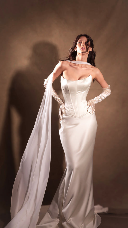 Bridal satin dropped waist Basque waist corset in ivory, vintage-style wedding dress by Boom Blush.