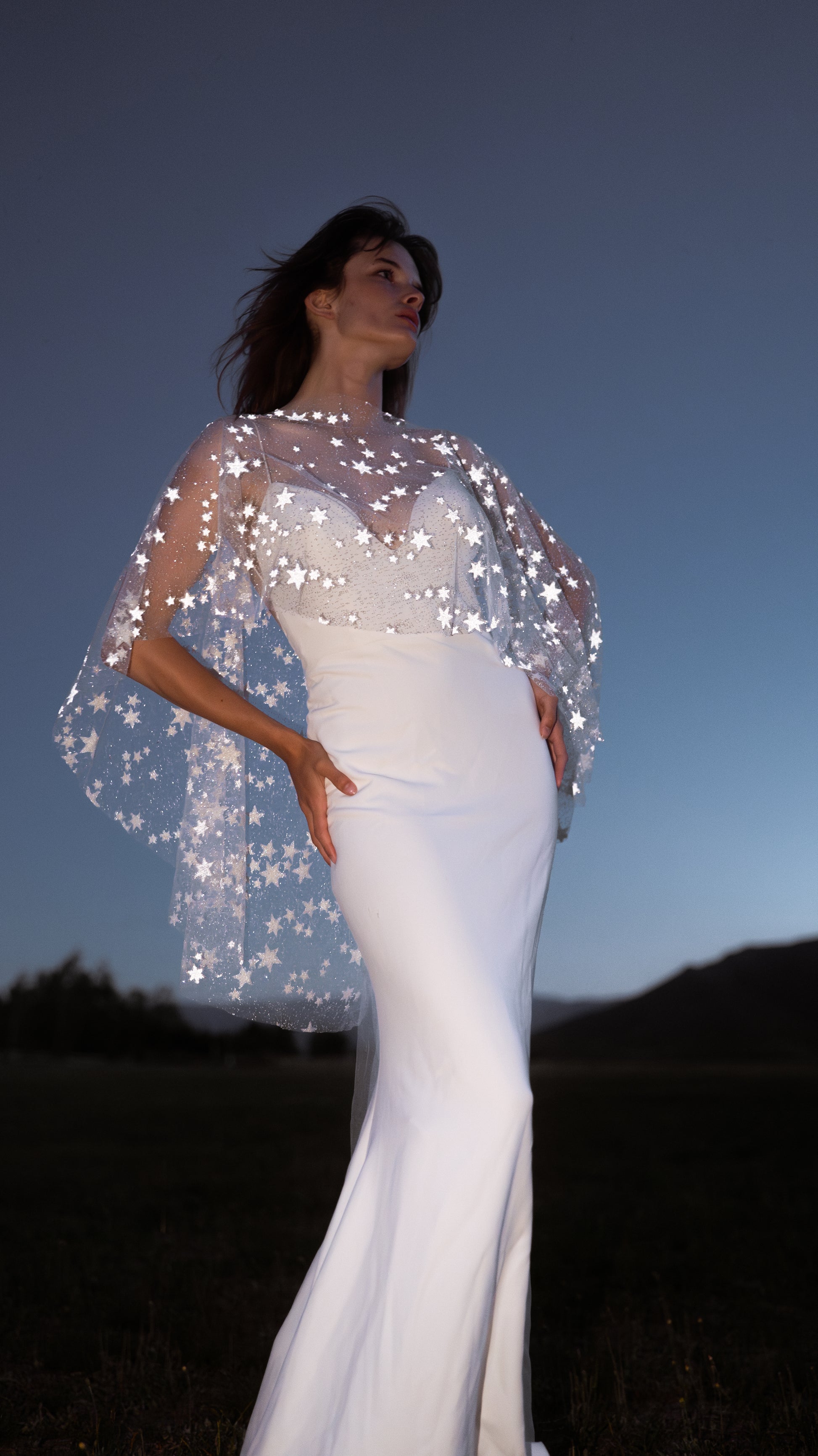 Lunar Eclipse Bridal Cape: Ethereal Starry Wedding Wrap for