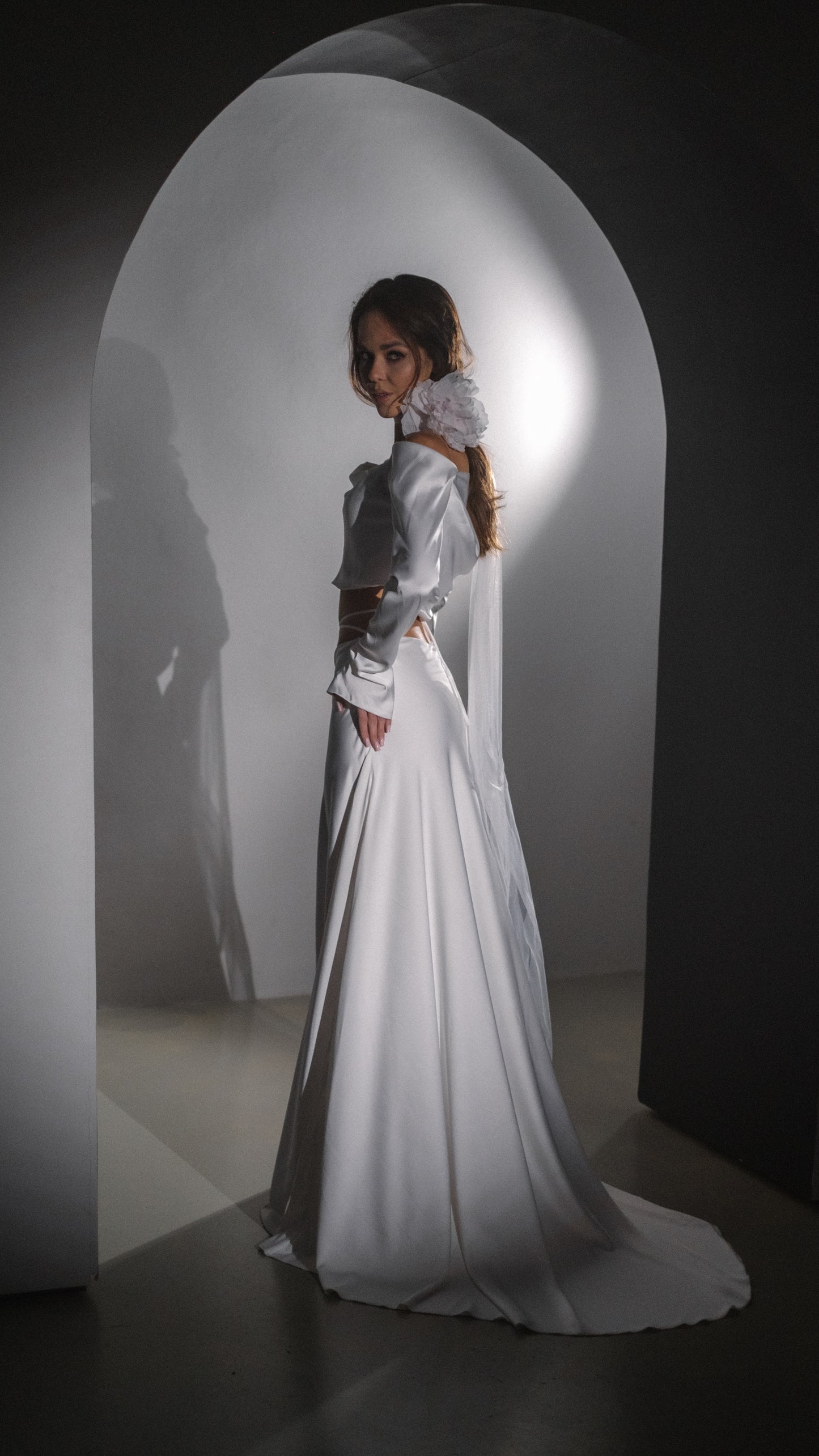 Danielle Wedding Dress Separates with Off shoulder top and silk skirt 2024 collectionModern Simple Silk Off Shoulder Long Sleeves Wedding Dress Danielle 2024