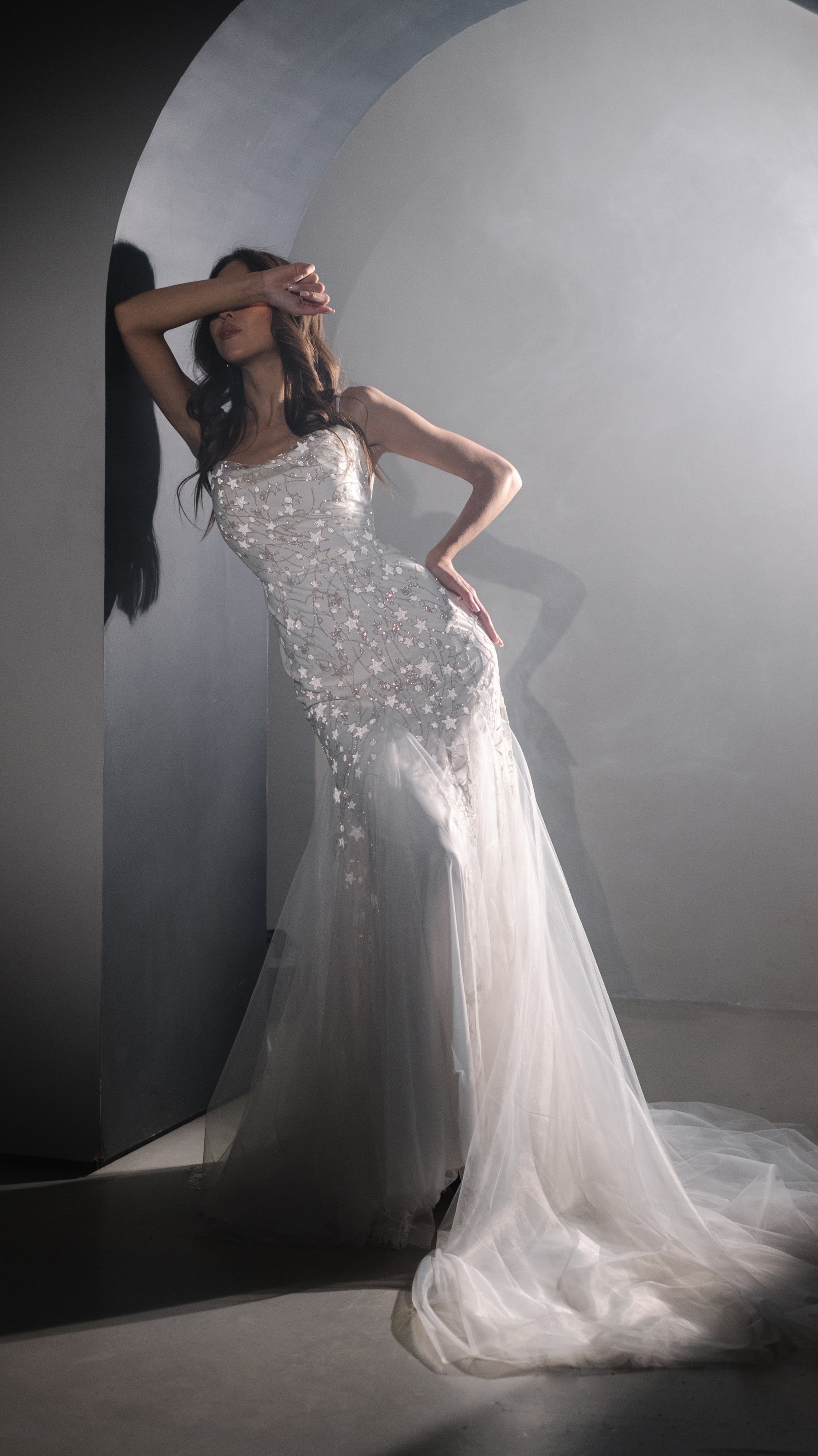 Ethereal Modern Elegant Fit and Flare Wedding Dress with Stars