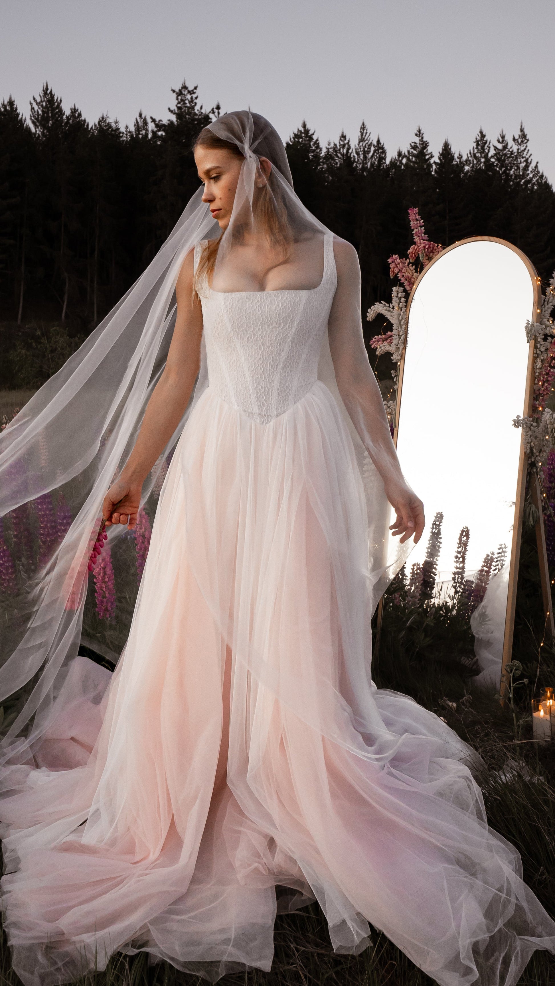 Drop Waist wedding dress with blush tulle skirt and Basque waist corset 2026 2027 romantic colored wedding dress 