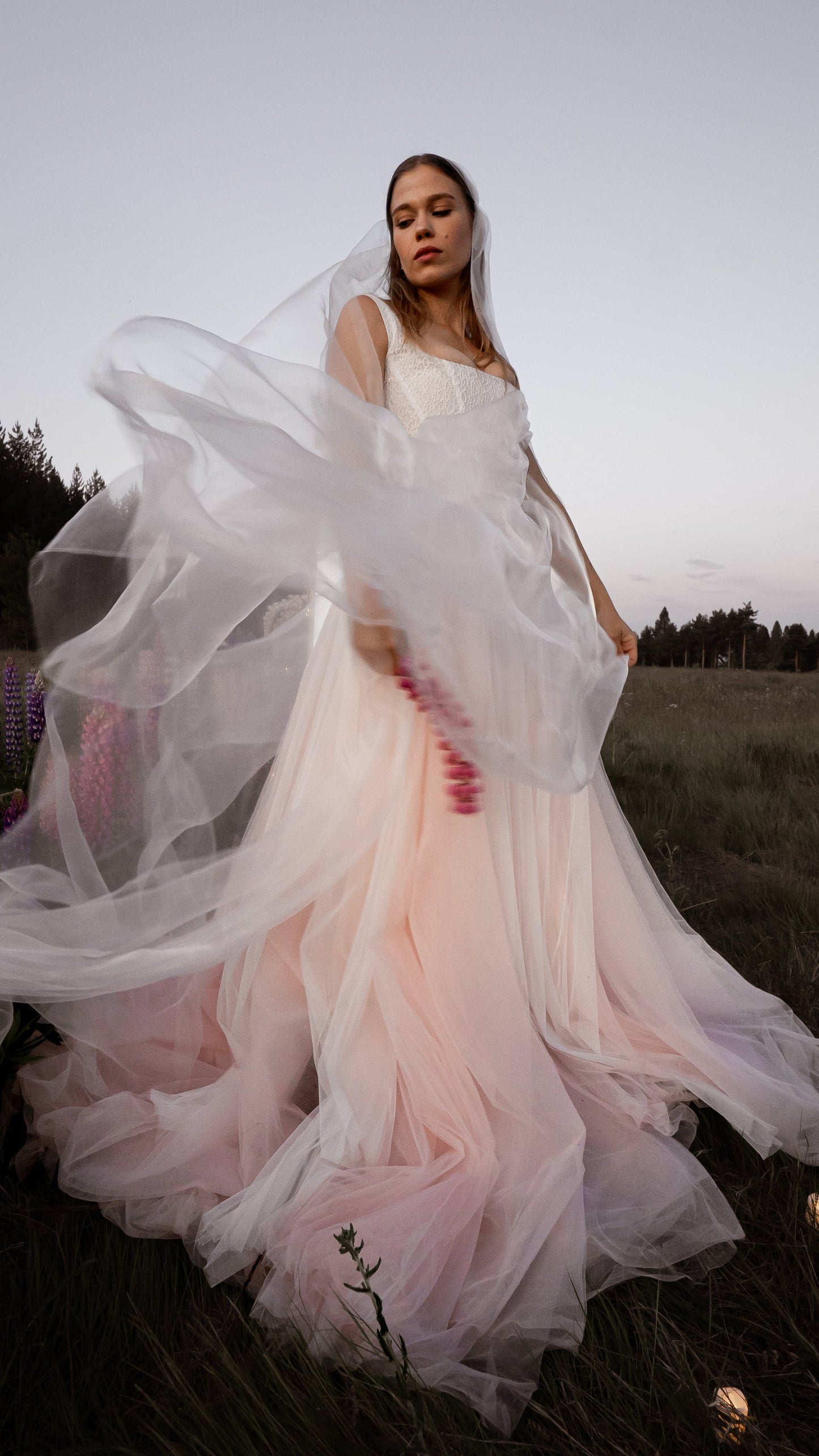 Drop Waist wedding dress with blush tulle skirt and Basque waist corset 2026 2027 romantic colored wedding dress 