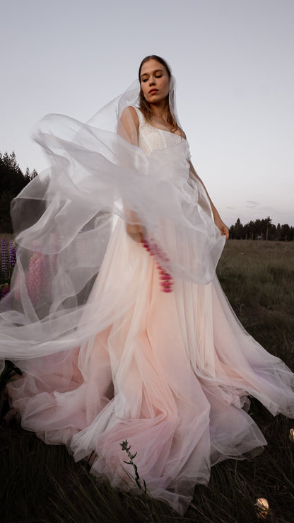 Drop Waist wedding dress with blush tulle skirt and Basque waist corset 2026 2027 romantic colored wedding dress 