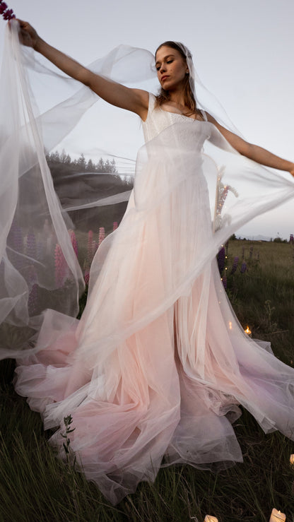 Drop Waist wedding dress with blush tulle skirt and Basque waist corset 2026 2027 romantic colored wedding dress 