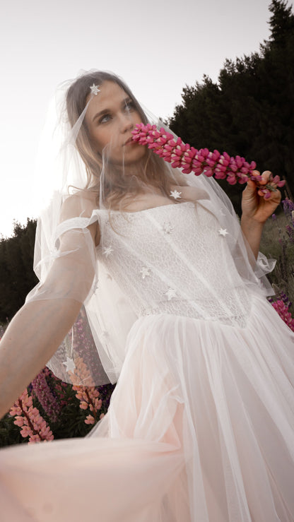 Drop Waist wedding dress with blush tulle skirt and Basque waist corset 2026 2027 romantic colored wedding dress 