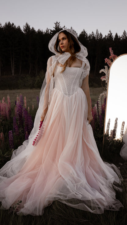 Drop Waist wedding dress with blush tulle skirt and Basque waist corset 2026 2027 romantic colored wedding dress 