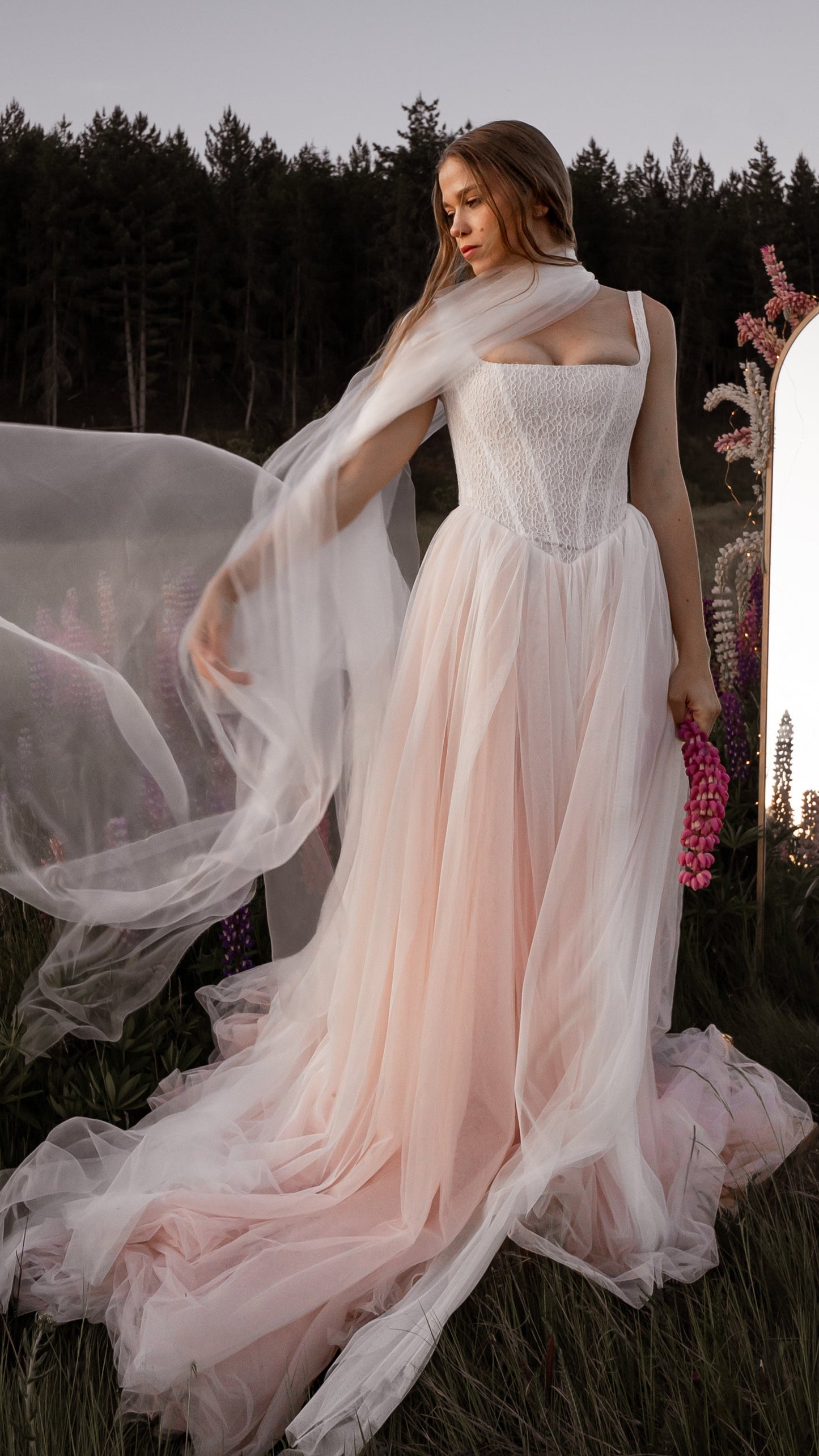 Drop Waist wedding dress with blush tulle skirt and Basque waist corset 2026 2027 romantic colored wedding dress 