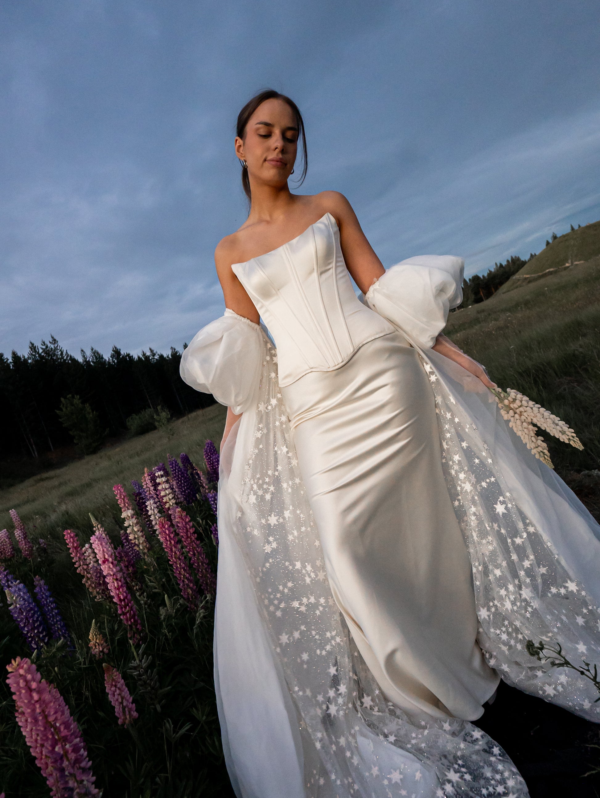 2026 2027 satin silk wedding dress with drop waist and puff sleeve cape, modern bridal outfit 