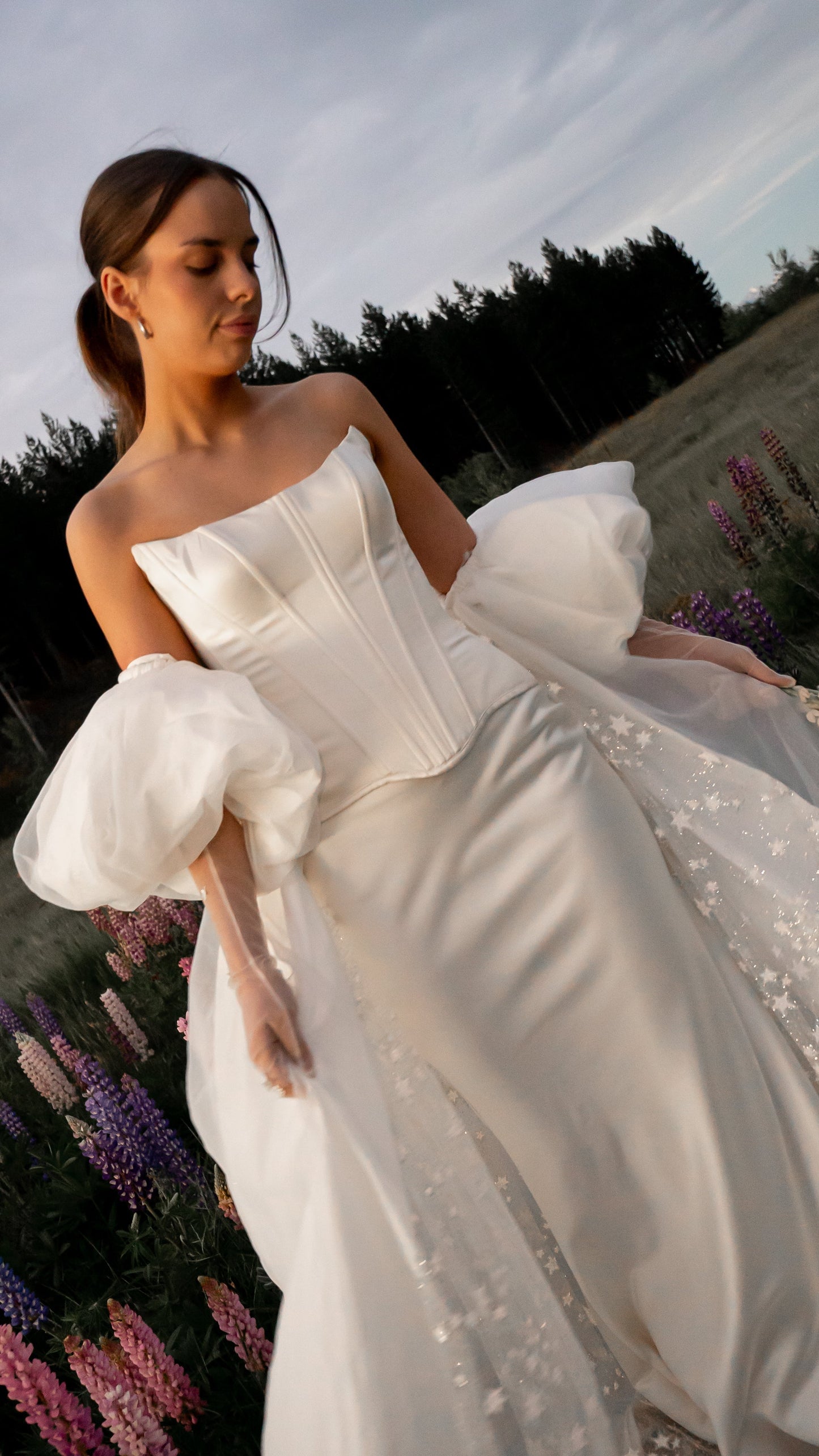 2026 2027 satin silk wedding dress with drop waist and puff sleeve cape, modern bridal outfit 