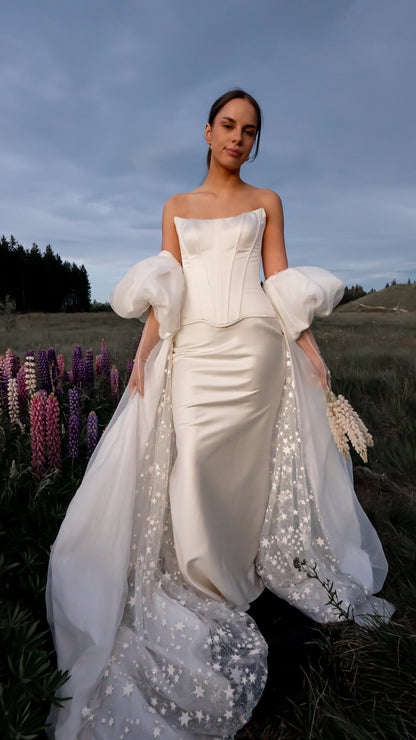 2026 2027 satin silk wedding dress with drop waist and puff sleeve cape, modern bridal outfit 