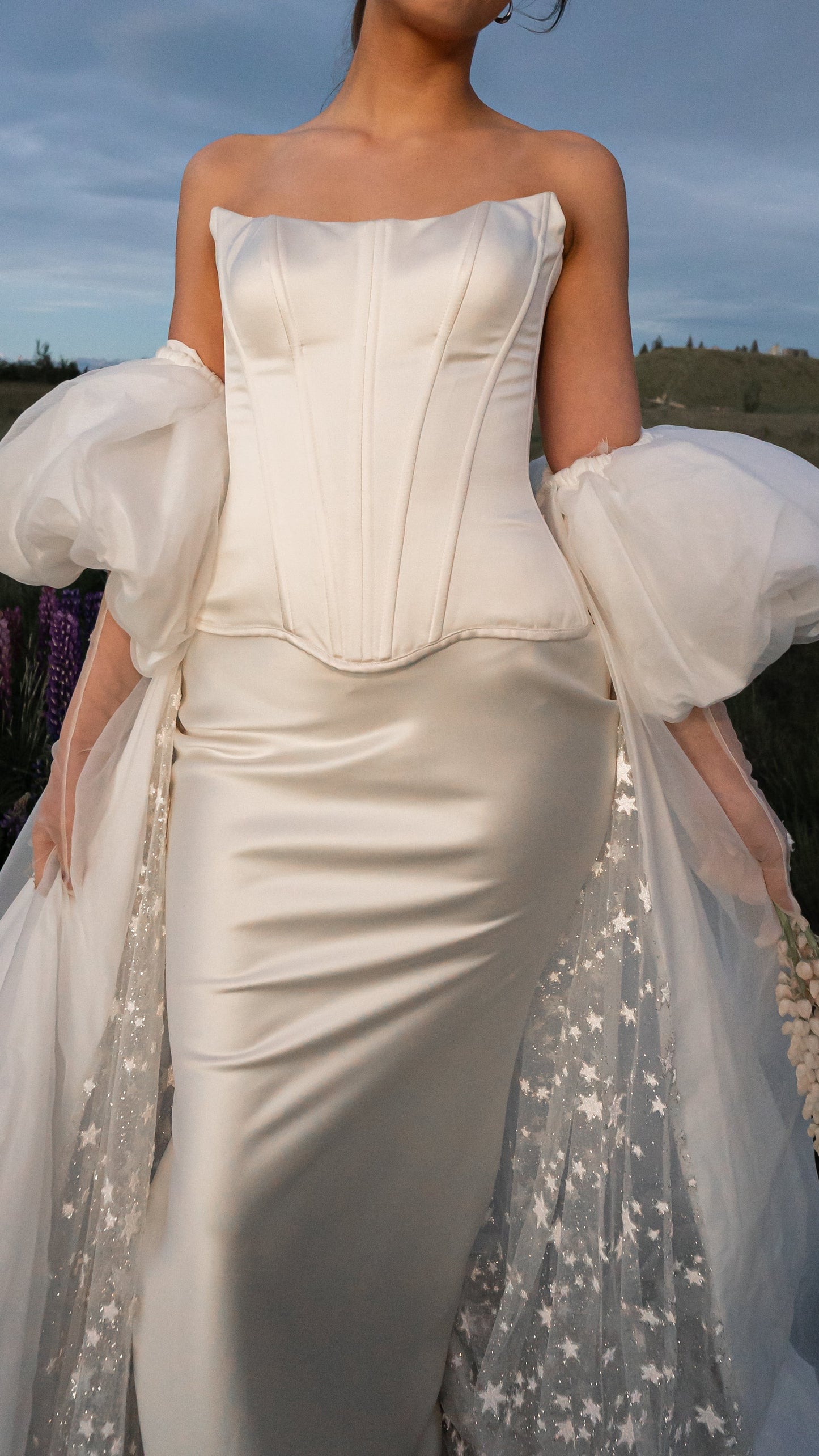 2026 2027 satin silk wedding dress with drop waist and puff sleeve cape, modern bridal outfit 