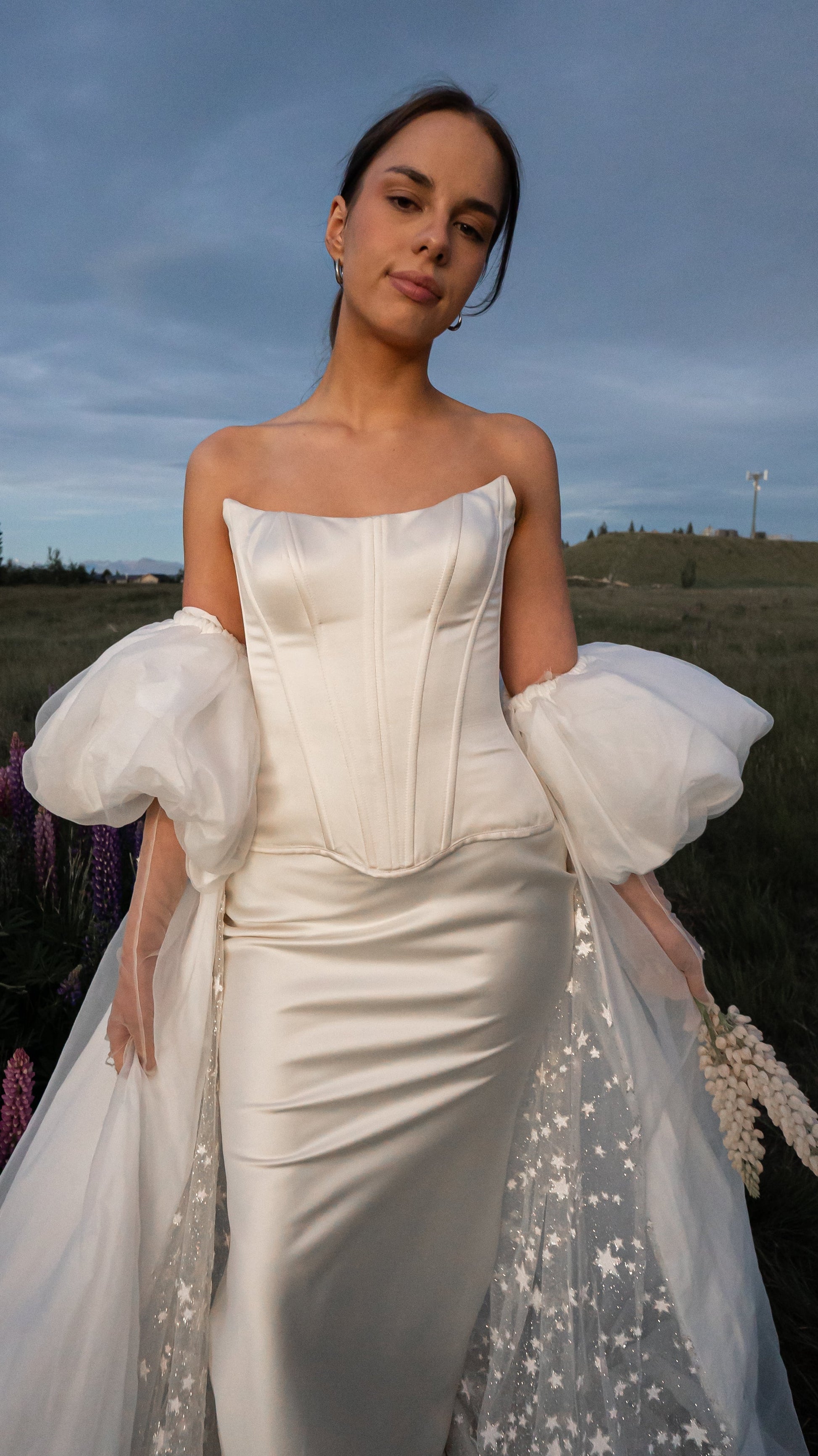 2026 2027 satin wedding dress with drop waist and puff sleeve cape, modern bridal outfit 