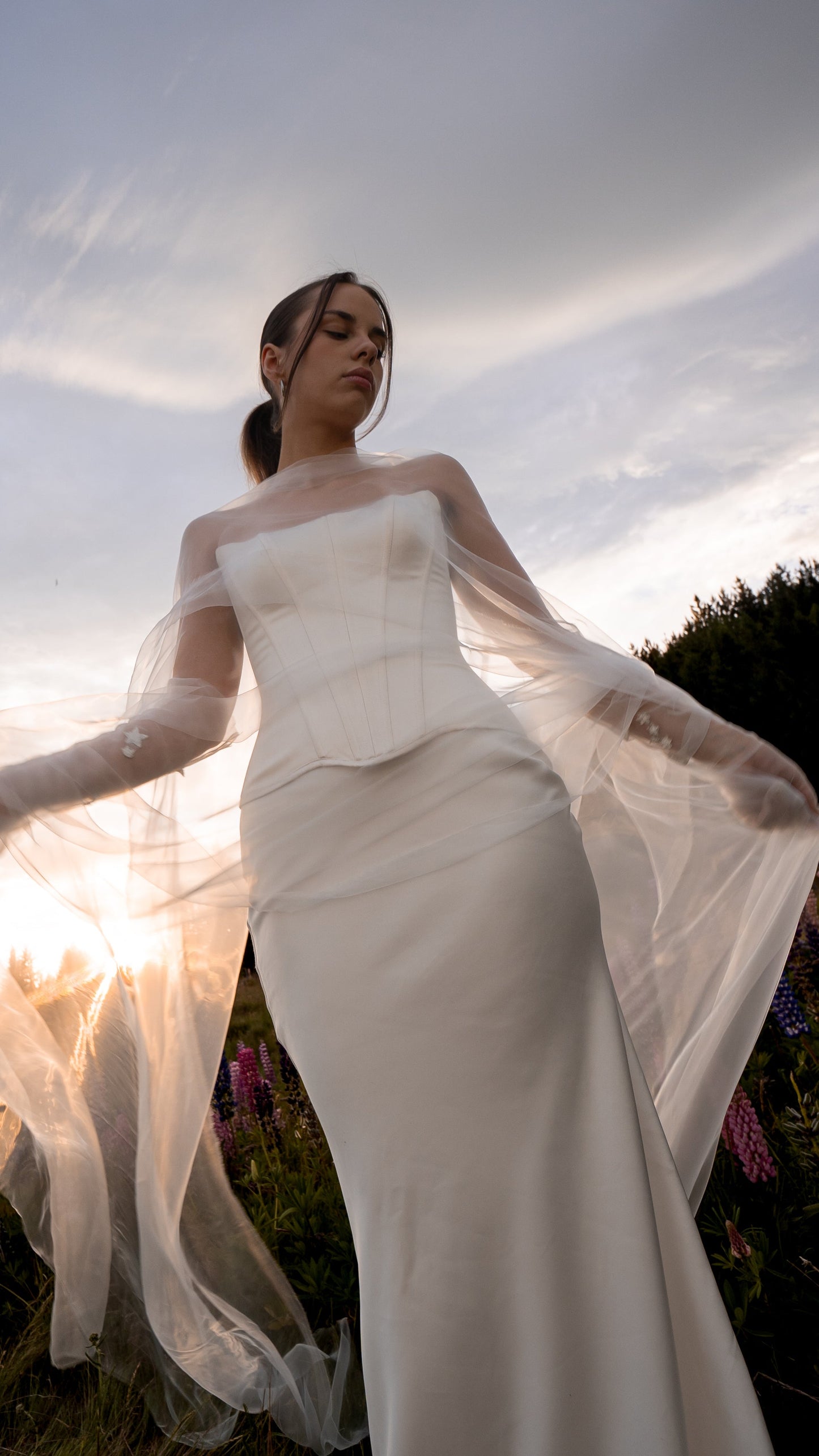 2026 2027 satin silk wedding dress with drop waist and neck scarf cape, modern bridal outfit 