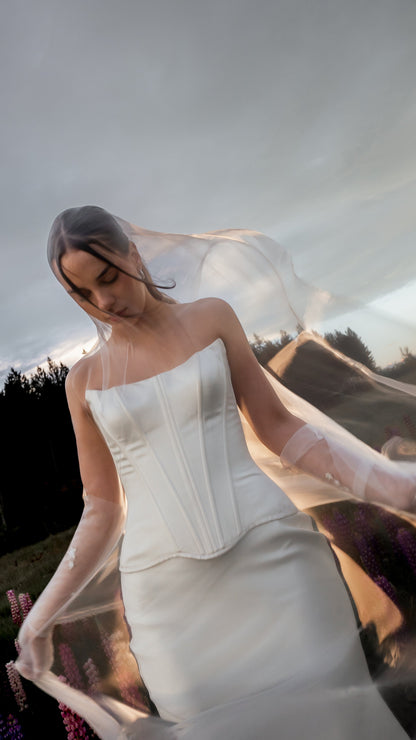 2026 2027 satin silk wedding dress with drop waist and puff sleeve cape, modern bridal outfit 