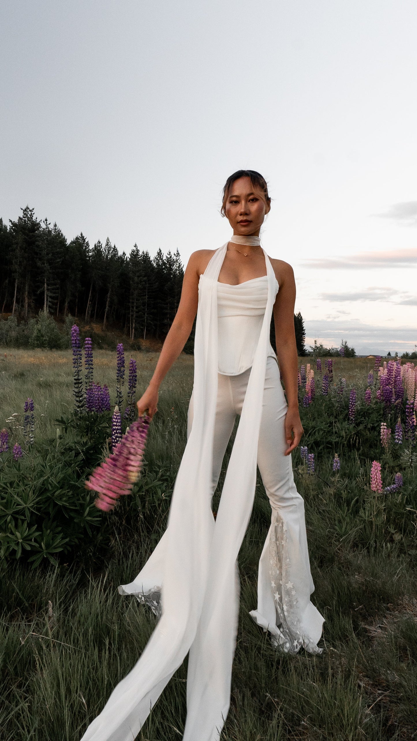 2026 2027 bridal outfit with puff sleeve cape, drop waist corset and flares pants