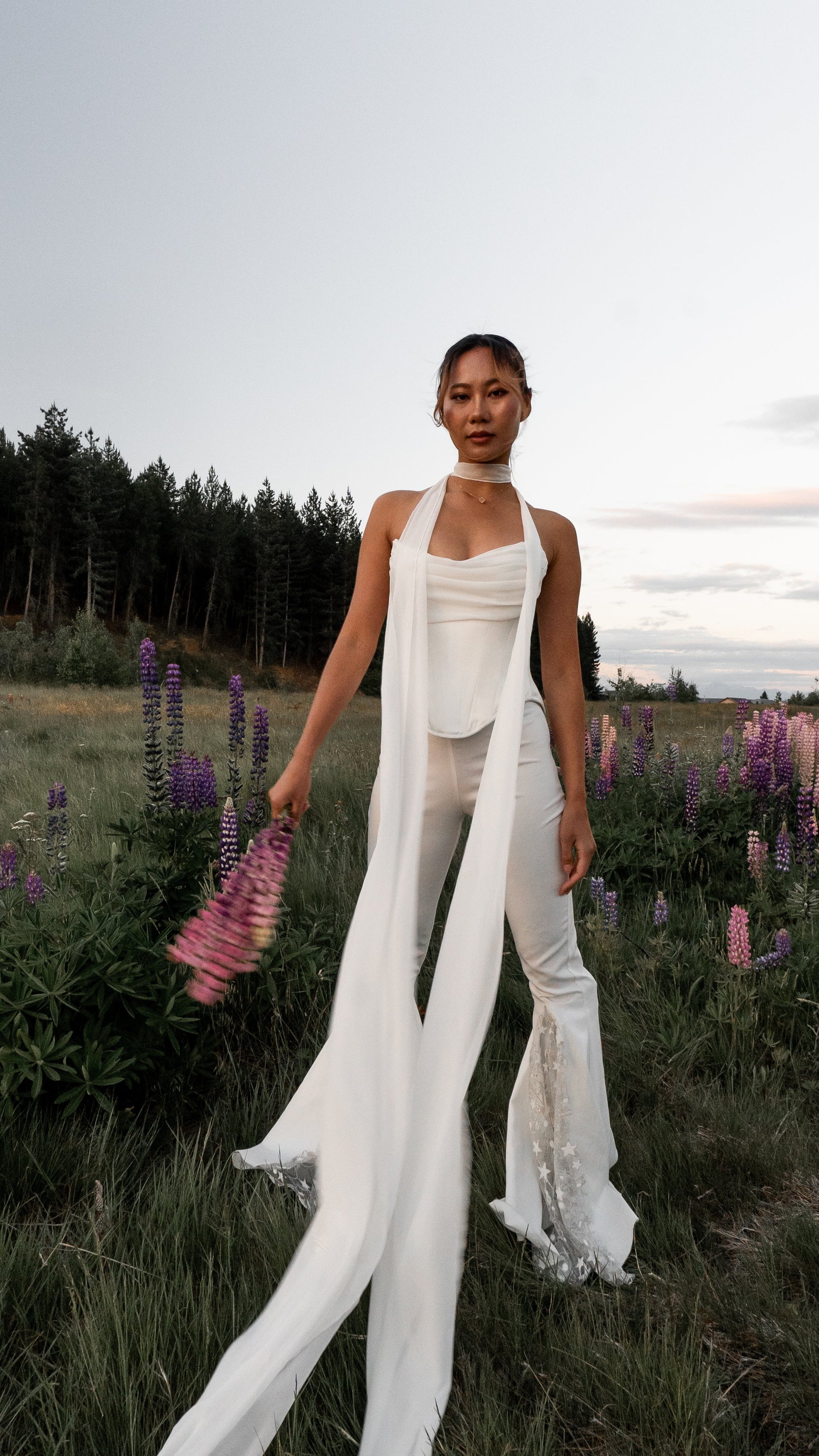 2026 2027 bridal outfit with puff sleeve cape, drop waist corset and flares pants