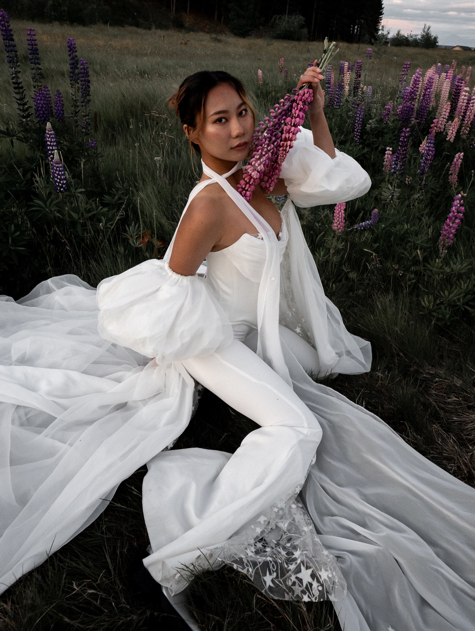 2026 2027 bridal outfit with puff sleeve cape, drop waist corset and flares pants