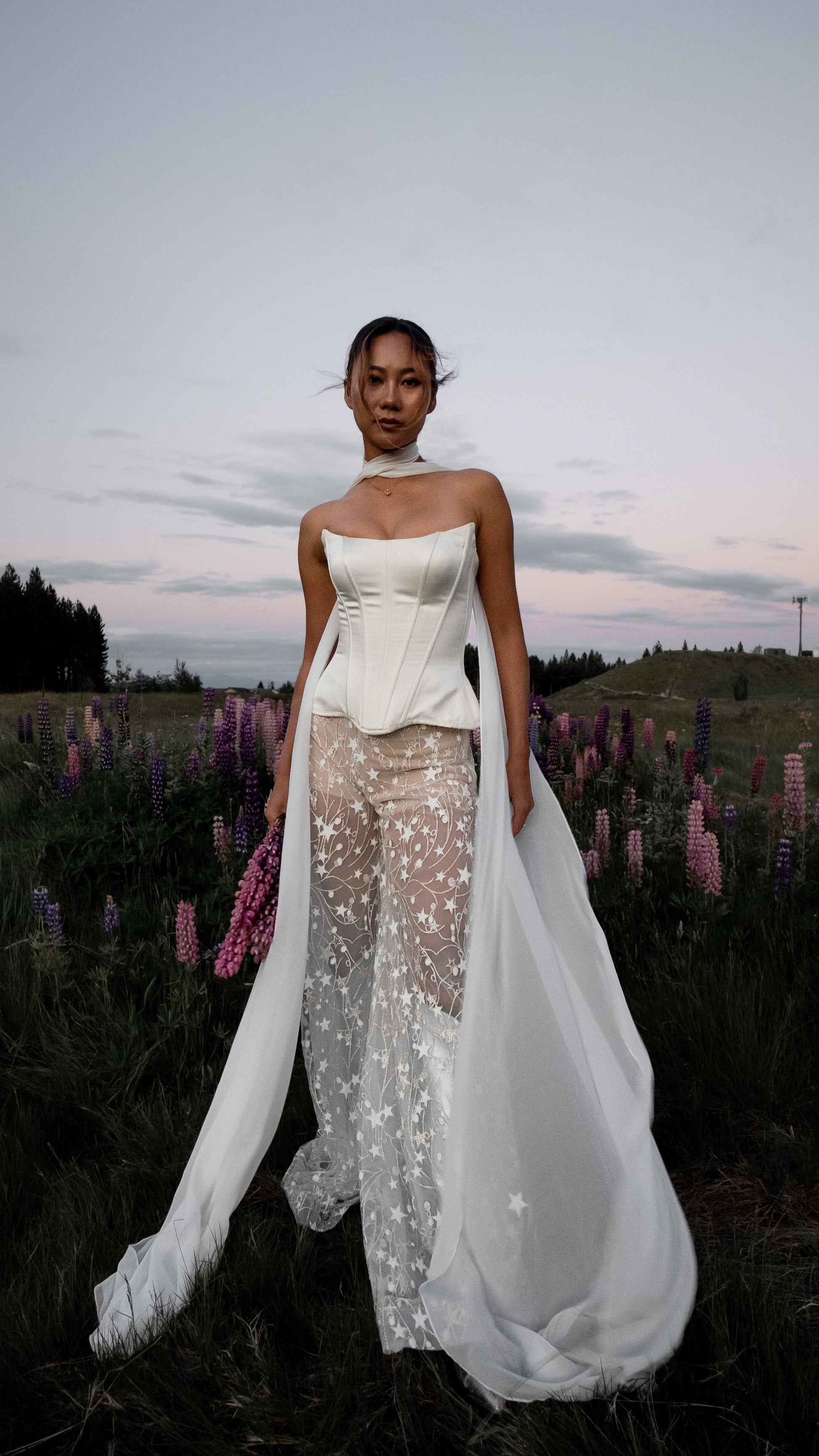 Semi-sheer chiffon bridal scarf adorned with glowing stars, celestial wedding accessory by Boom Blush. Semi-sheer chiffon bridal scarf adorned with glowing stars, celestial wedding accessory by Boom Blush.