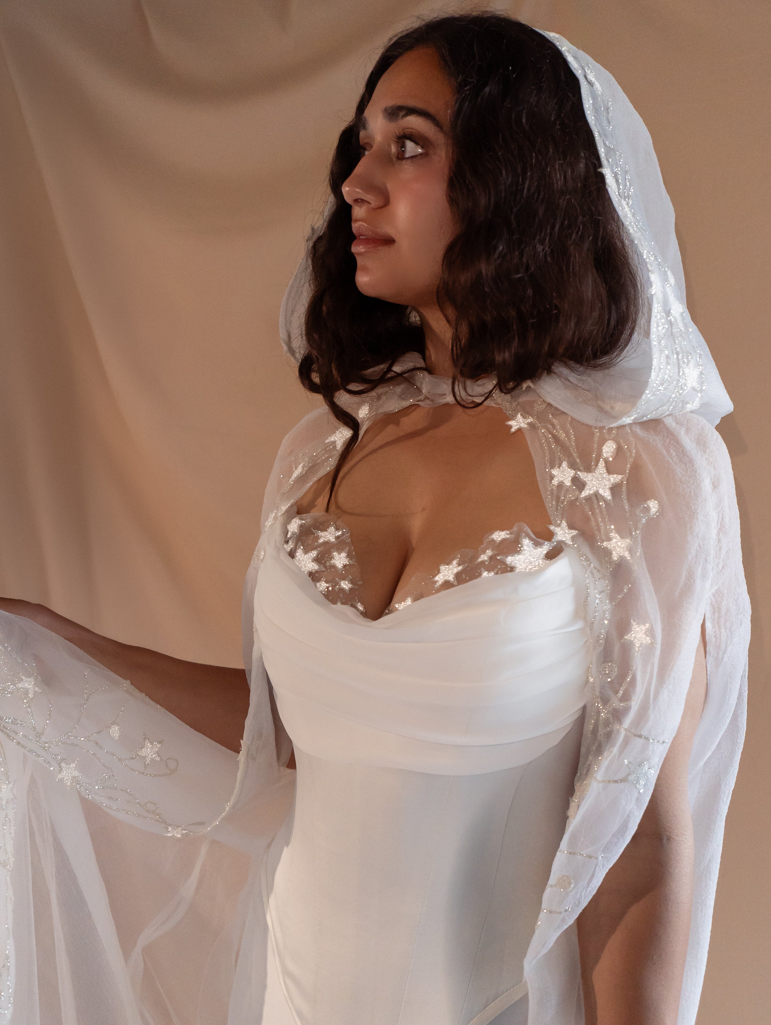 Venus bridal ensemble featuring ivory satin corset, A-line chiffon