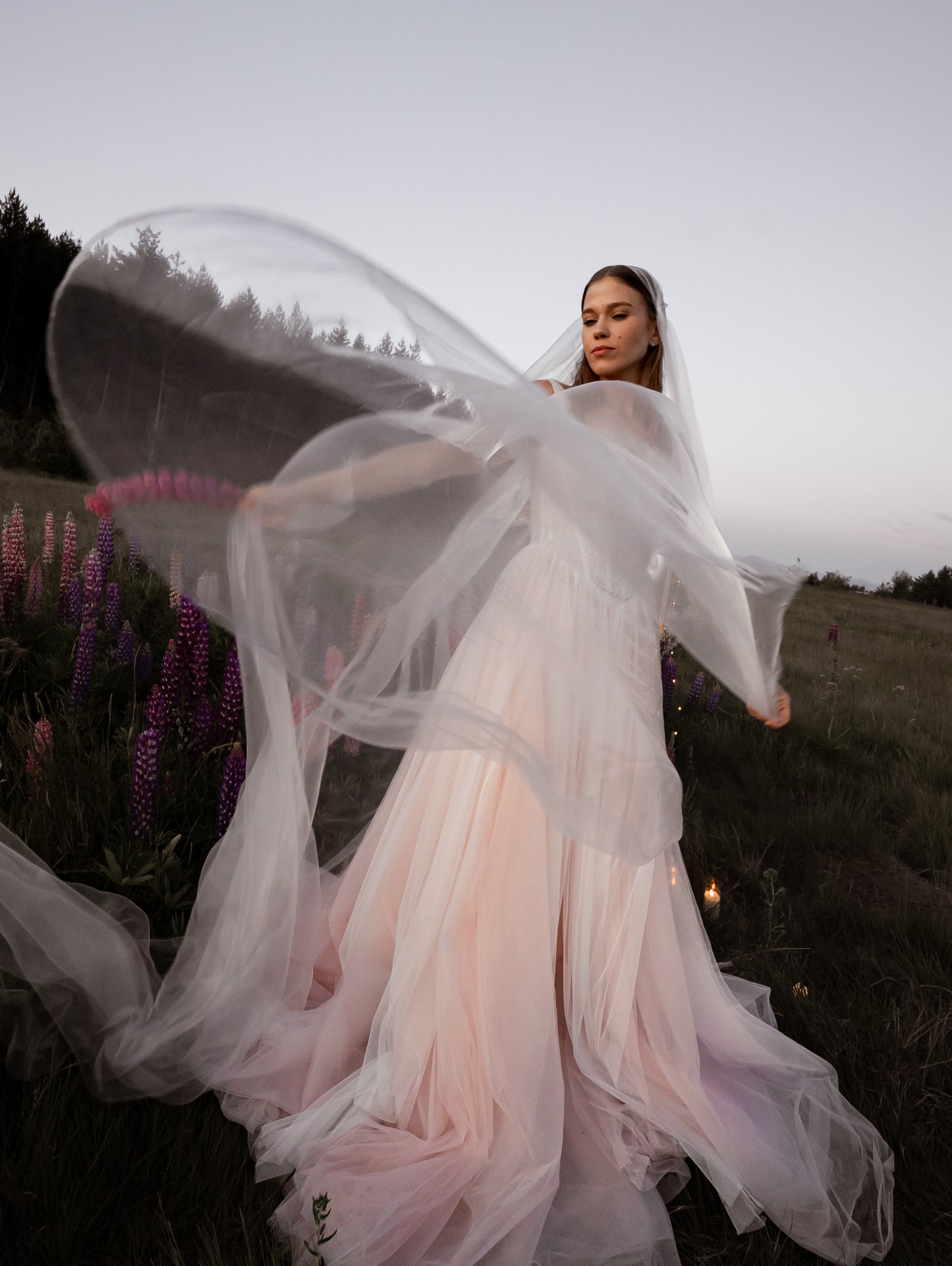 3-in-1 liquid super organza veil worn as a mantilla-style veil, neck scarf and editorial bridal veil with ultra-light finish