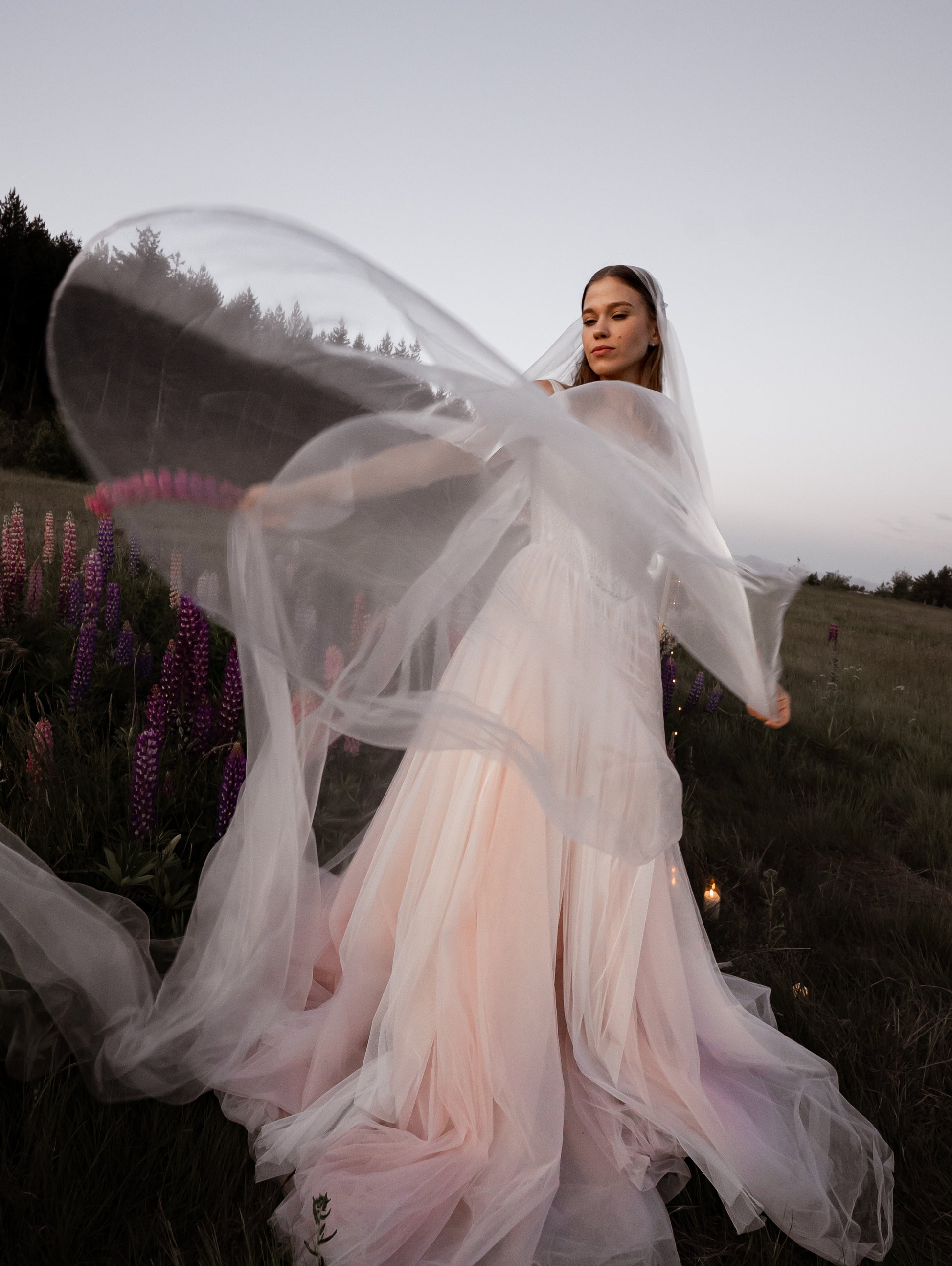 3-in-1 liquid super organza veil worn as a mantilla-style veil, neck scarf and editorial bridal veil with ultra-light finish