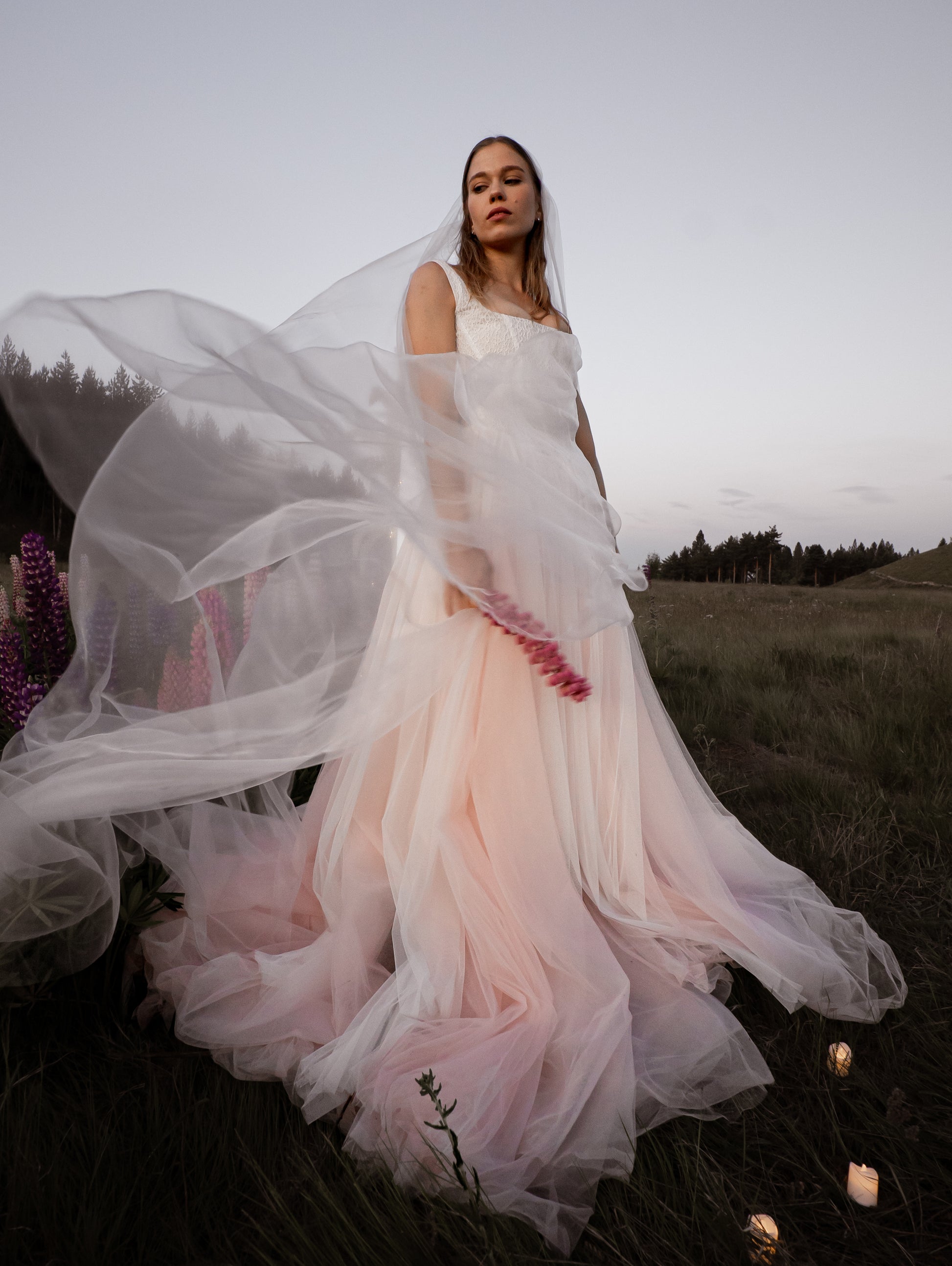 3-in-1 liquid super organza veil worn as a mantilla-style veil, neck scarf and editorial bridal veil with ultra-light finish
