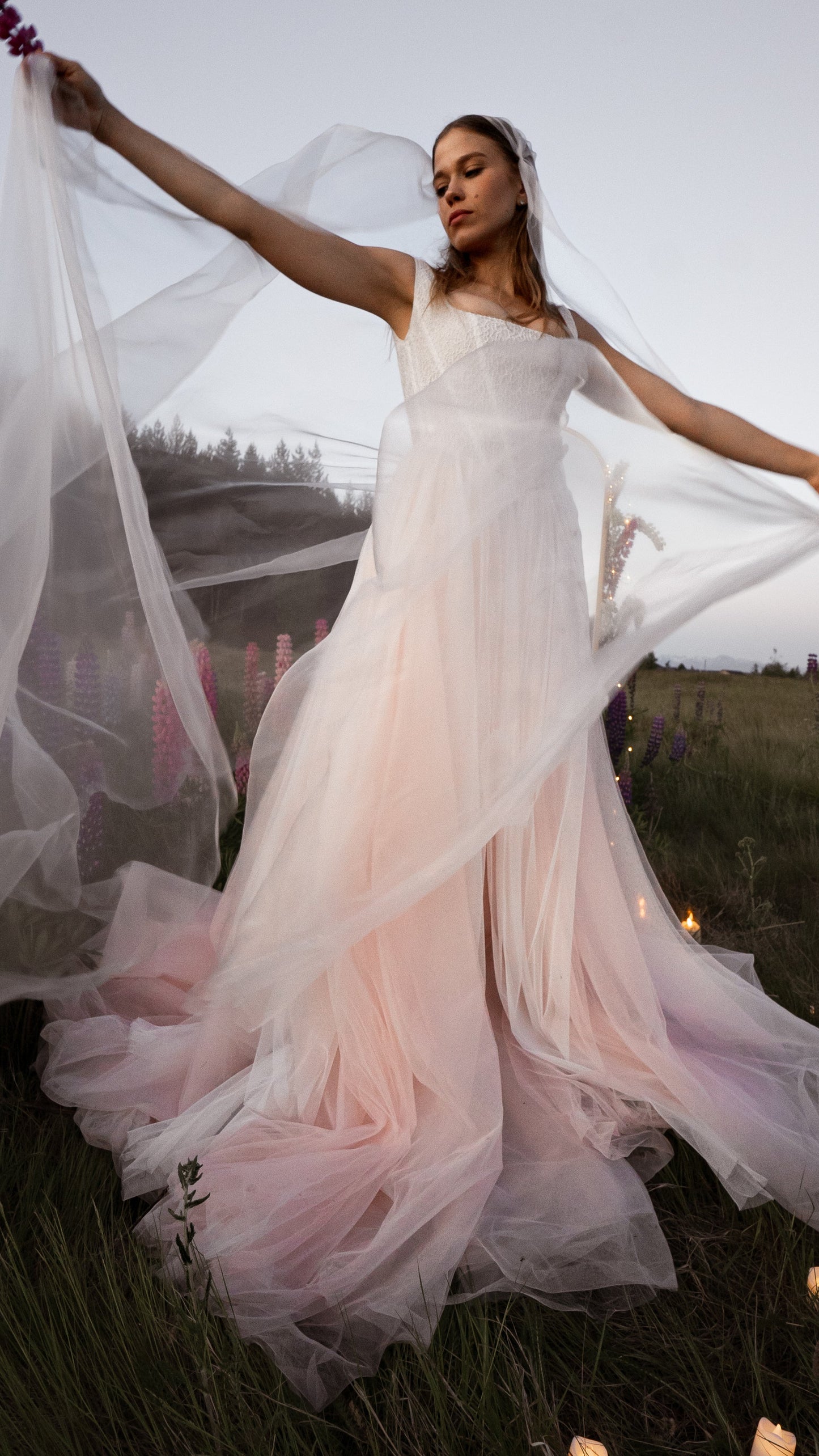 3-in-1 liquid super organza veil worn as a mantilla-style veil, neck scarf and editorial bridal veil with ultra-light finish