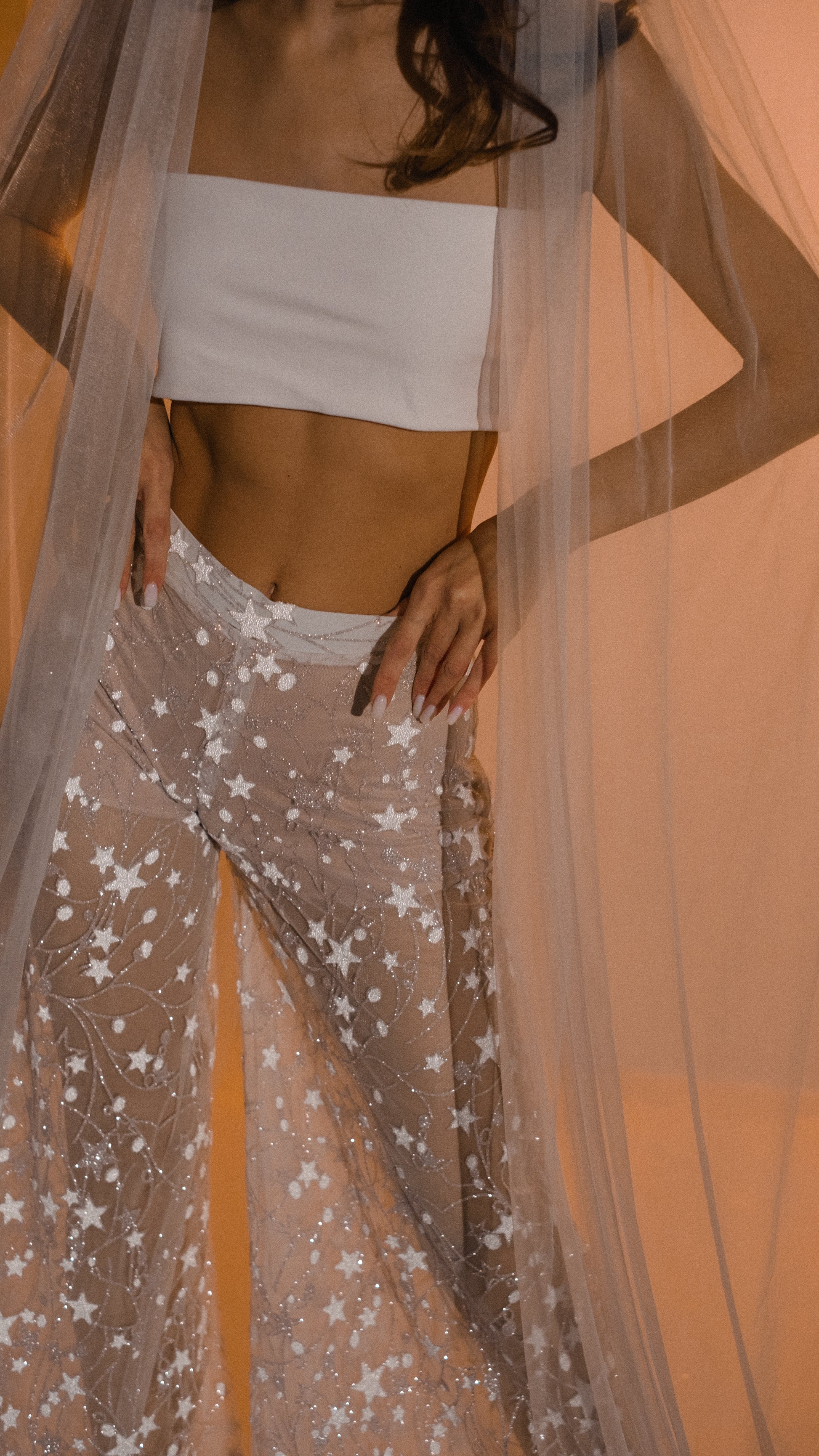 Cosmic Cowgirl Lace Bridal Pants with Glowing Stars Reception Outfit 2024