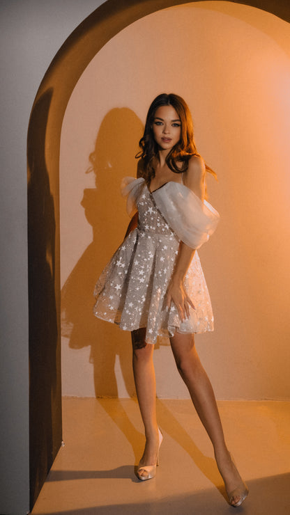 mini reception dress Sparkly Mini Short Wedding Dress with Stars, Vogue Reception Outfit – Boom Blush