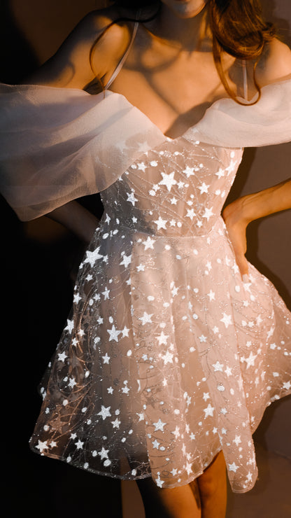 Sparkly Mini Short Wedding Dress with Stars, Vogue Reception Outfit