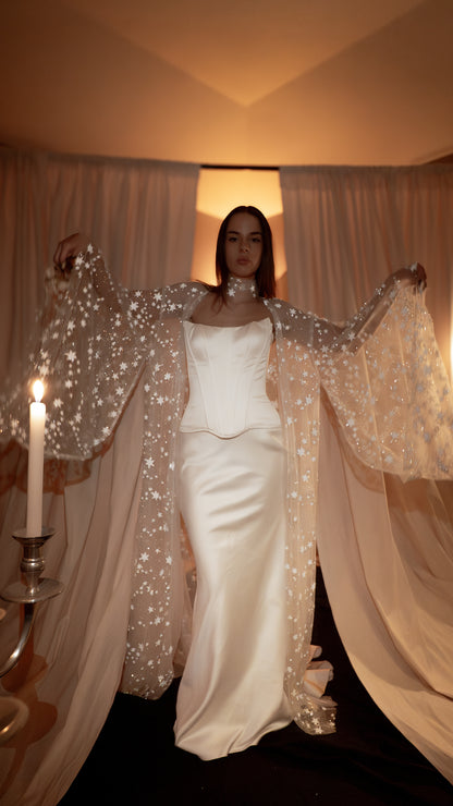 bridal wedding cover up, getting ready outfit, cape for the bride 2026-2027 wedding dresses 