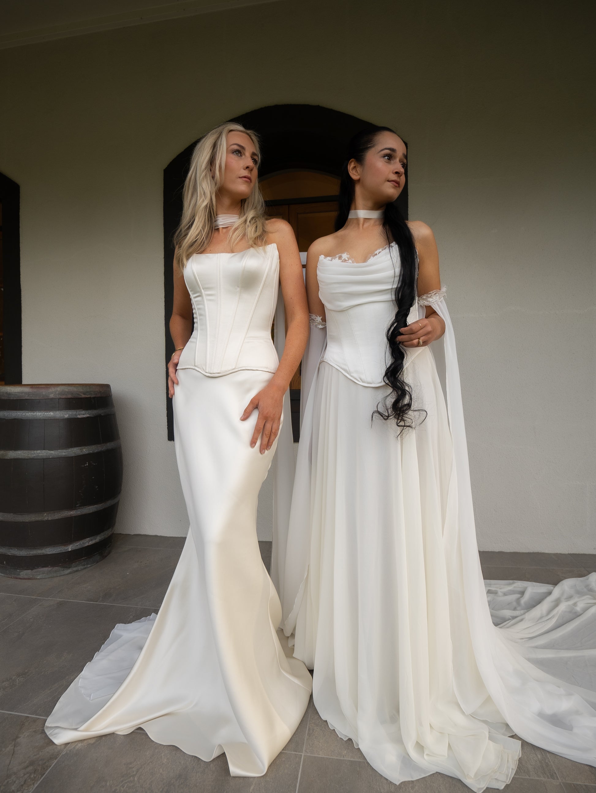 Solana Ensemble – Elegant Basque Waist Neck Scarf Satin Bridal Corset Gown 2025 2026 – Boom Blush