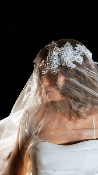 Modern French Chantilly lace wedding veil in Japanese super organza by Ephemeris