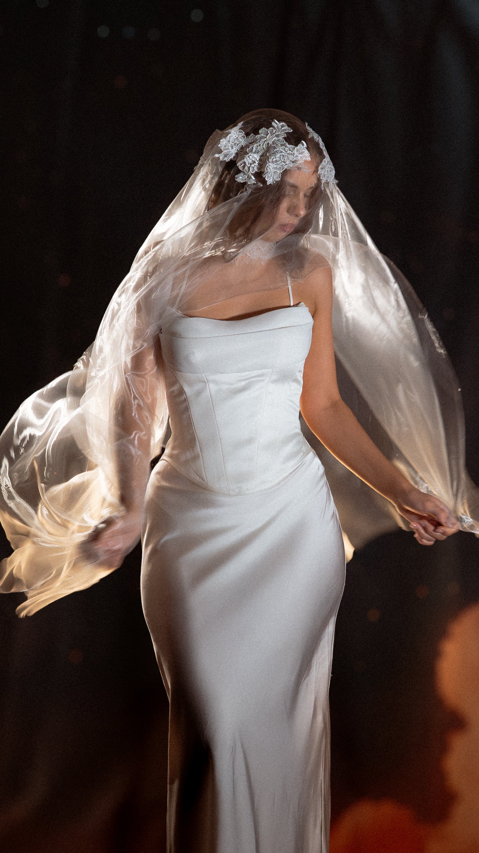 Modern French Chantilly lace wedding veil in Japanese super organza by Ephemeris